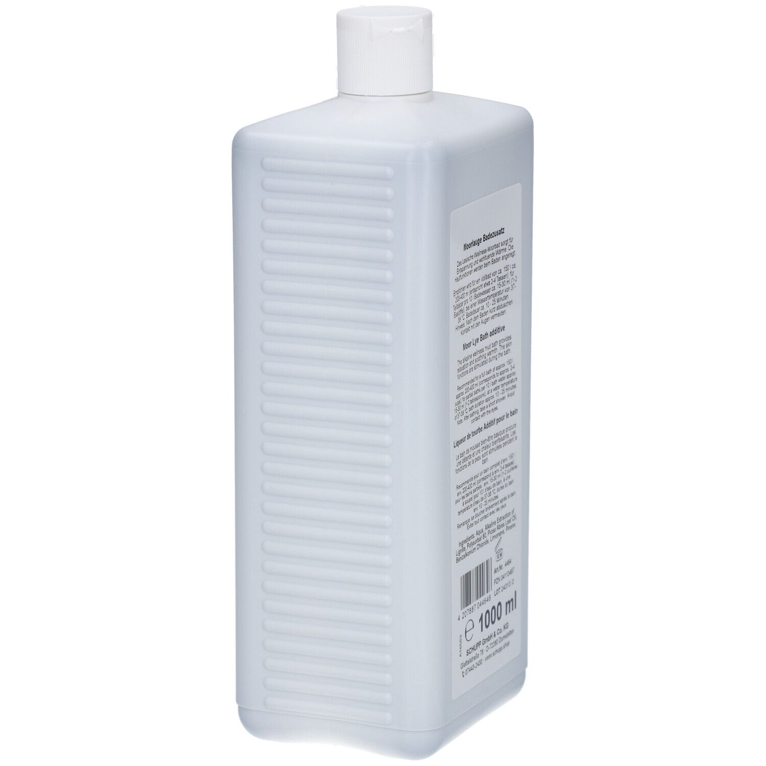 Flacon blanc avec étiquette. Texte : "Moorlauge", mode d'emploi, informations fabricant. Volume : 1000 ml.