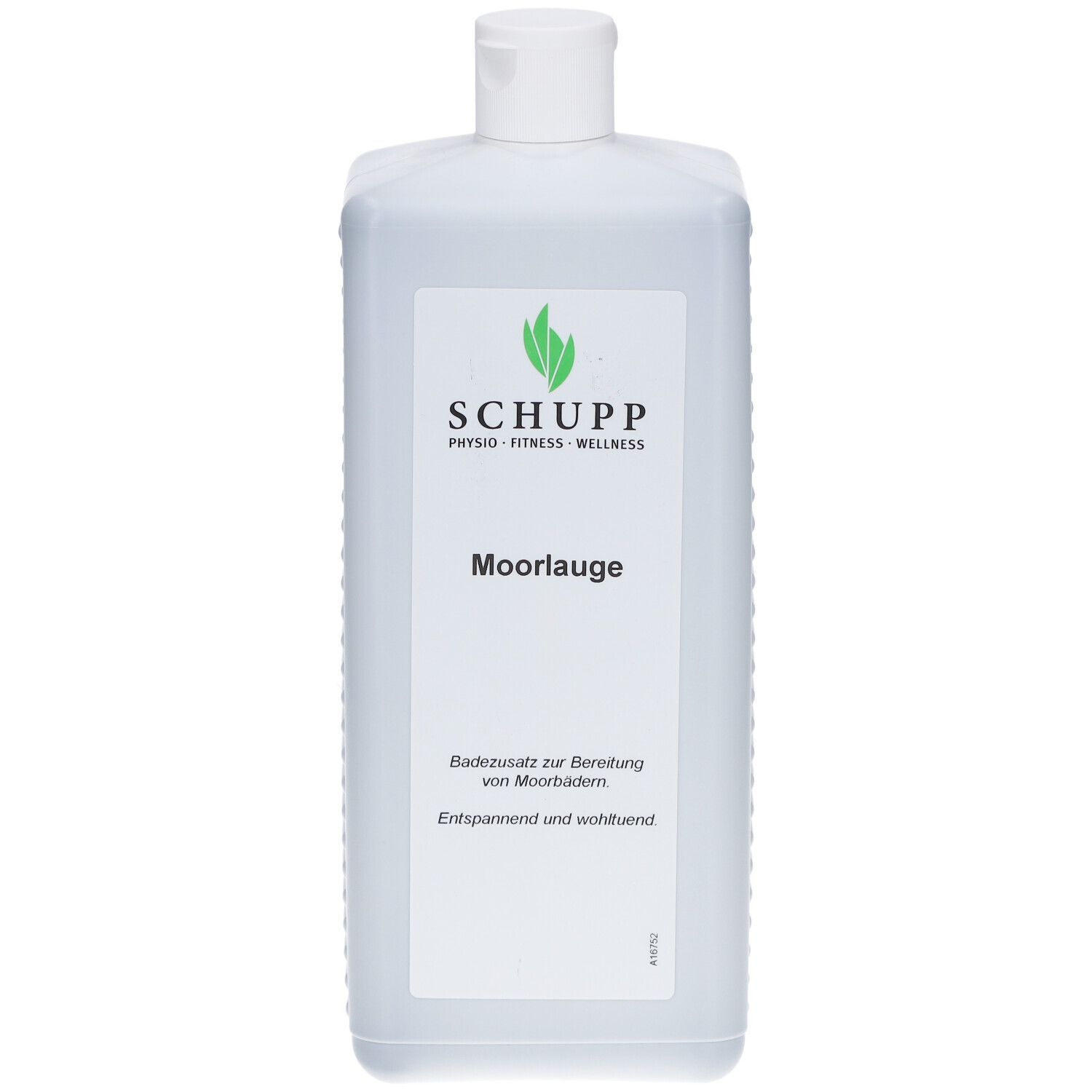 Flacon blanc rectangulaire avec bouchon à vis. Étiquette avec "Moorlauge", marquage CE et logo "SCHUPP". Produit médical.