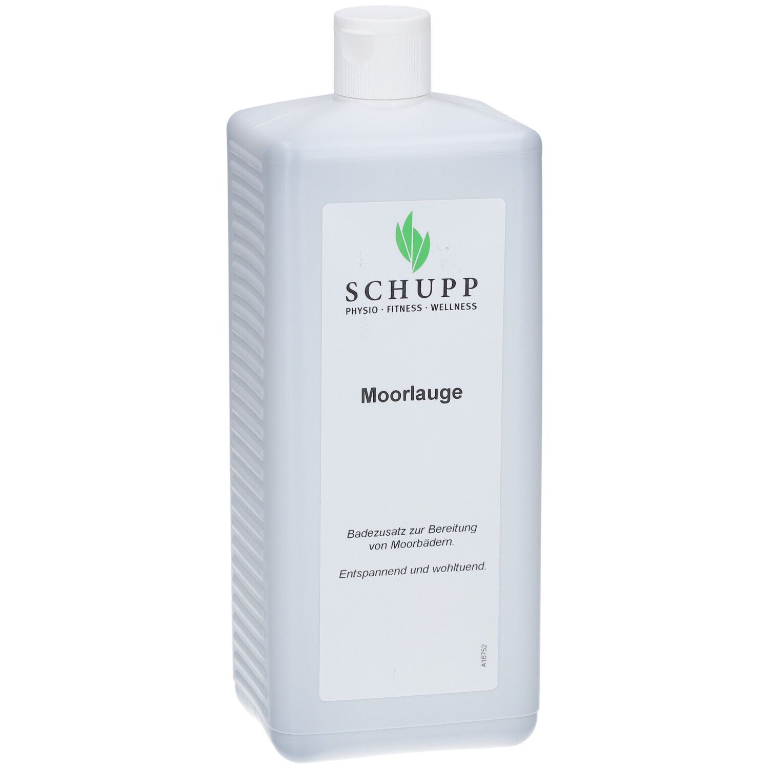 Flacon blanc rectangulaire avec bouchon à vis. Étiquette avec "Moorlauge", marquage CE et logo "SCHUPP". Produit médical.