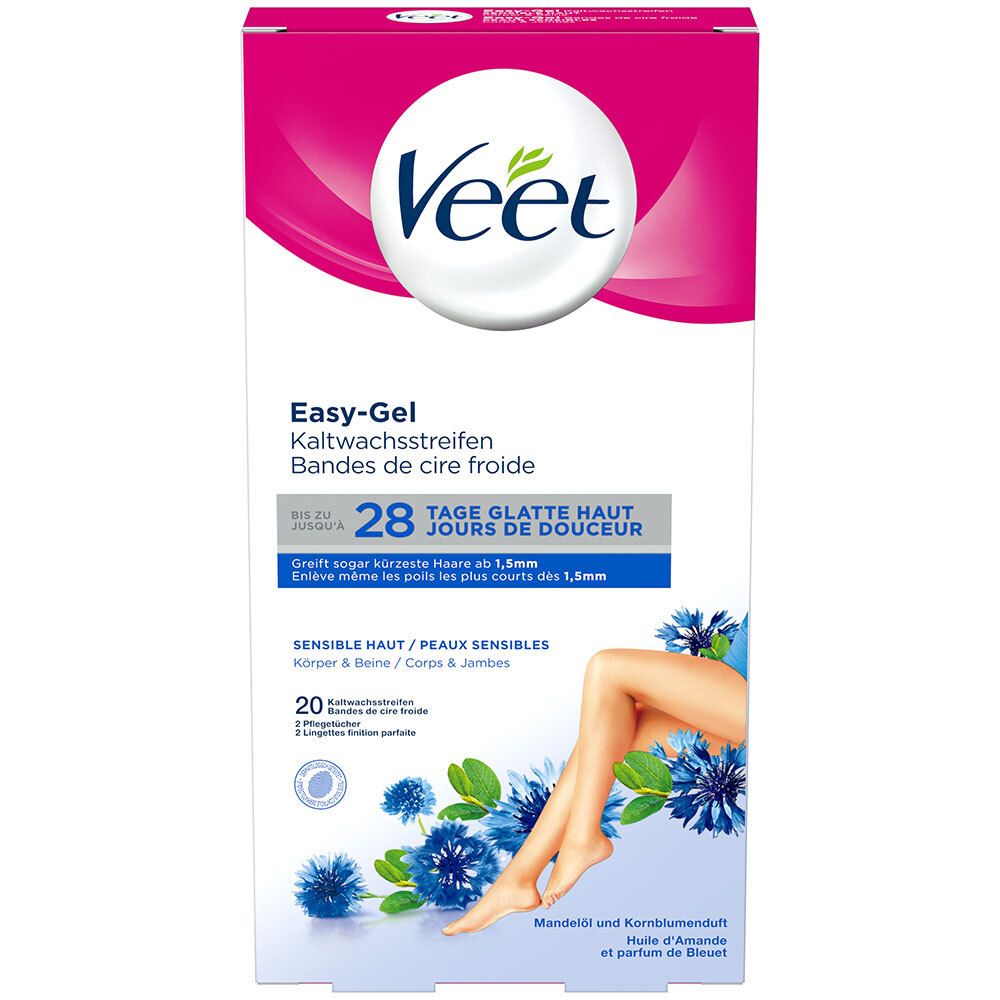 Veet Easy-Gel bandes de cire froide pour peau sensible, 28 bandes, à l'huile d'amande et parfum de bleuet.