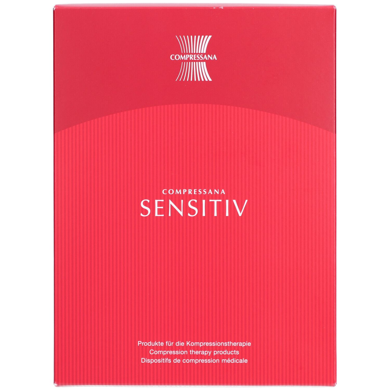Emballage rouge avec COMPRESSANA SENSITIV. Logo en haut, nom du produit en dessous. Texte : Produits pour la thérapie de compression.