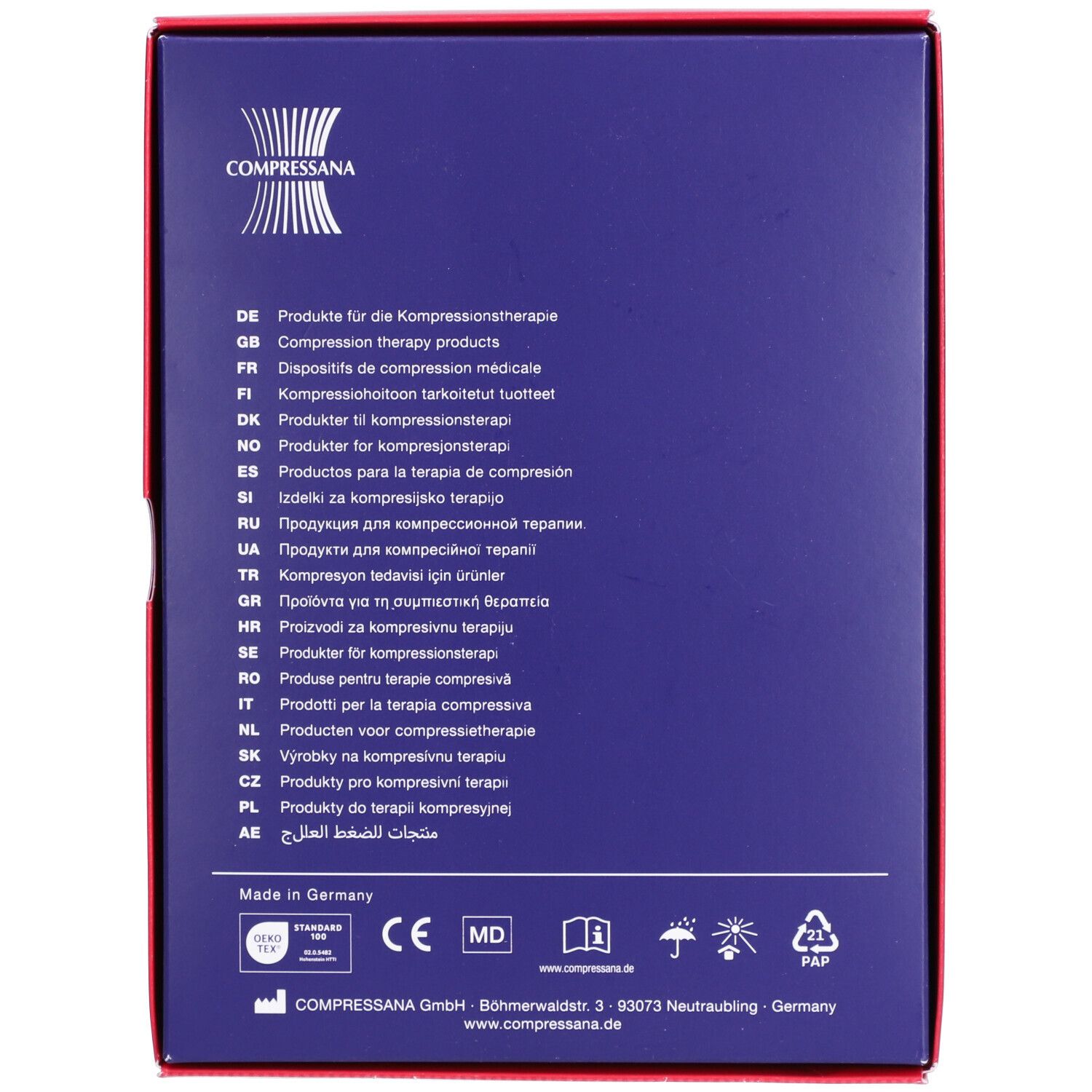 Emballage bleu avec logo COMPRESSANA. Texte multilingue : Produits pour la thérapie de compression. En bas : marquage CE, labels de qualité, fabricant.