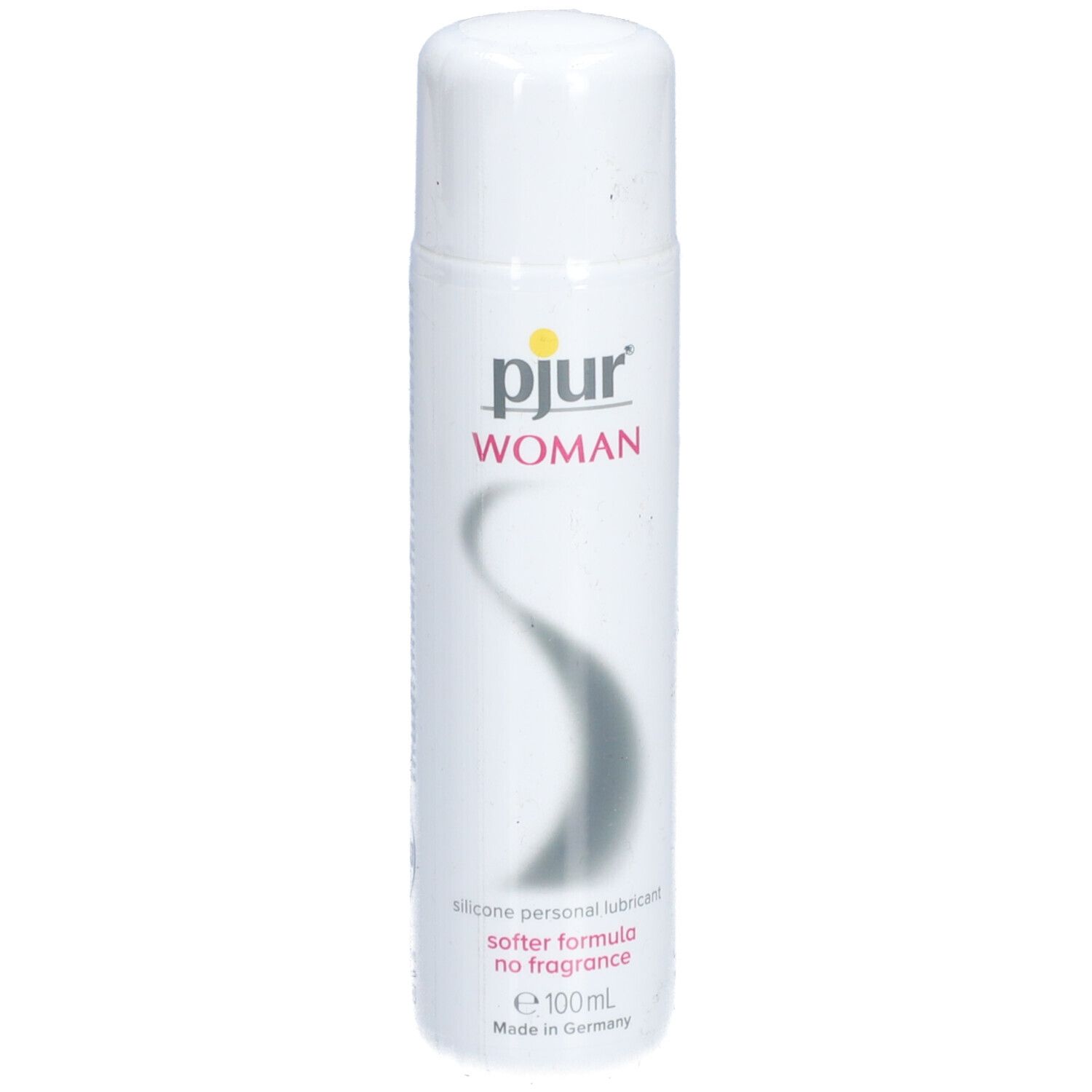Flacon blanc pjur® WOMAN lubrifiant, 100ml, avec inscription.