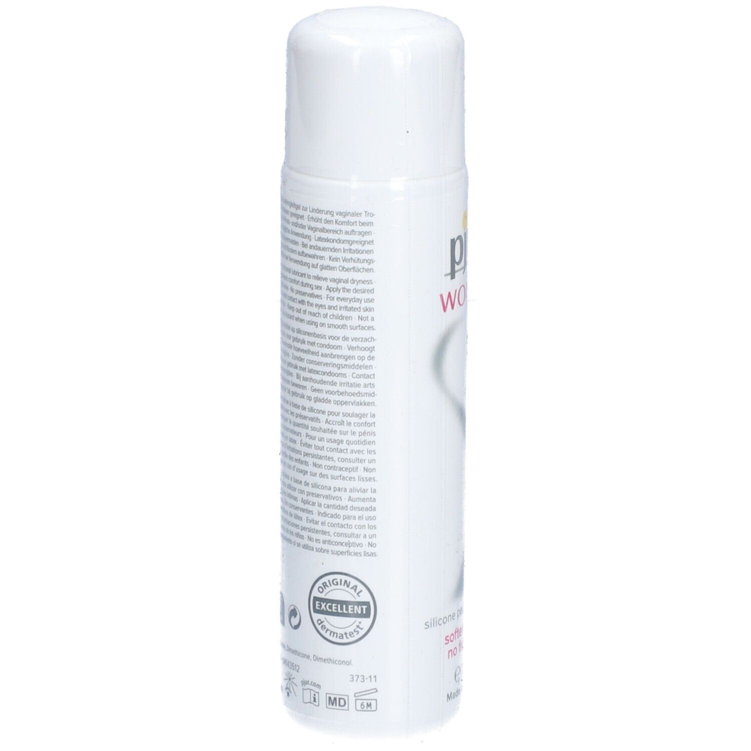 Arrière d'un flacon blanc pjur® WOMAN lubrifiant avec texte et sceaux.