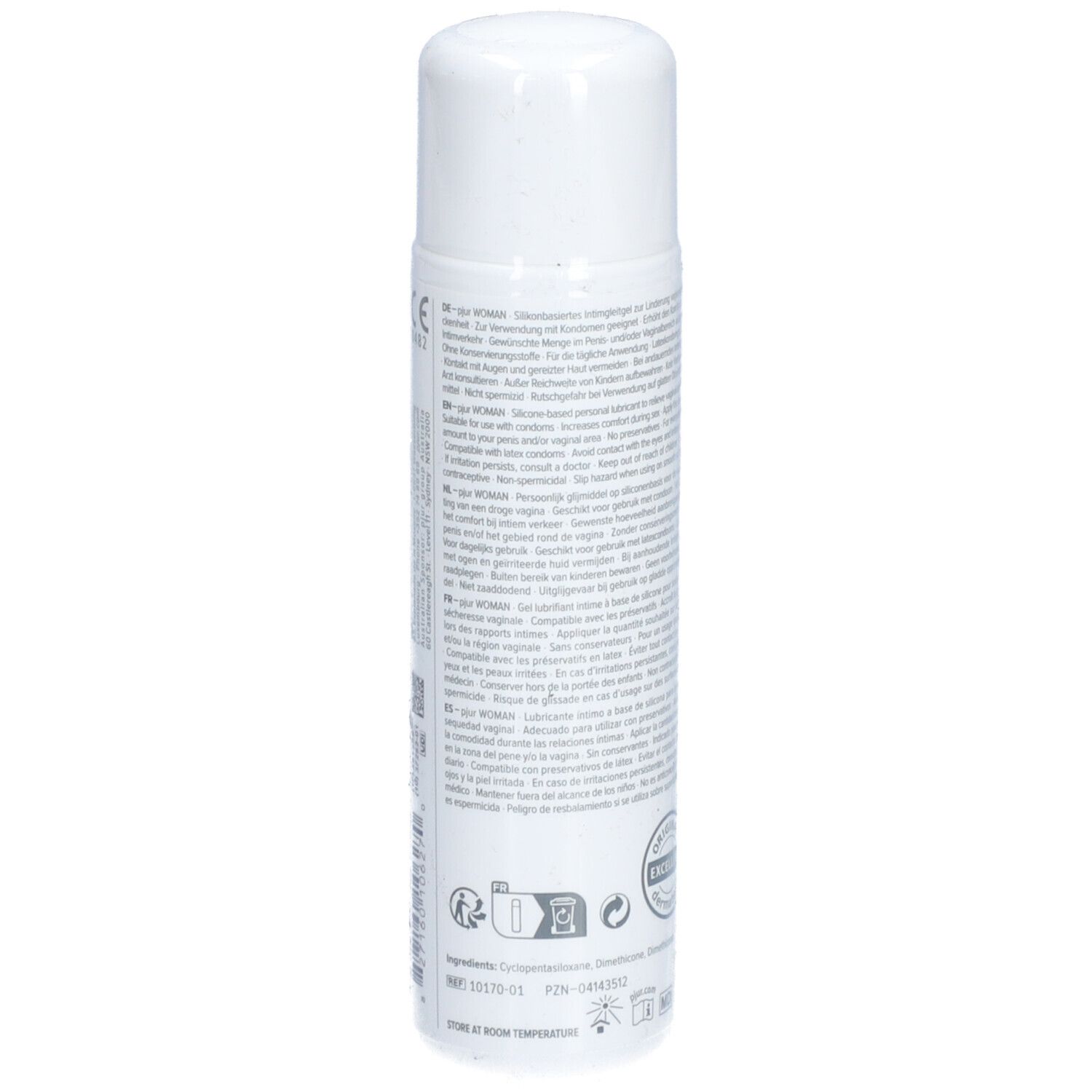 Arrière d'un flacon blanc pjur® WOMAN lubrifiant avec texte et sceaux.