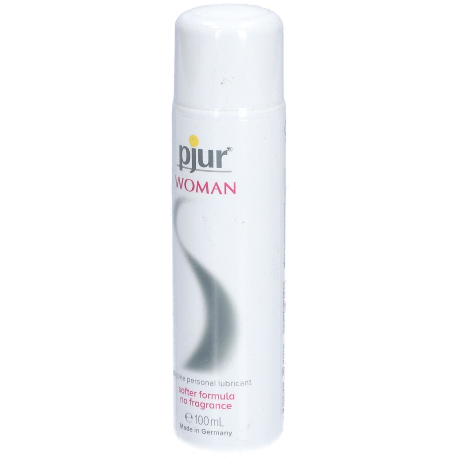 Flacon blanc pjur® WOMAN lubrifiant, 100ml, avec inscription.