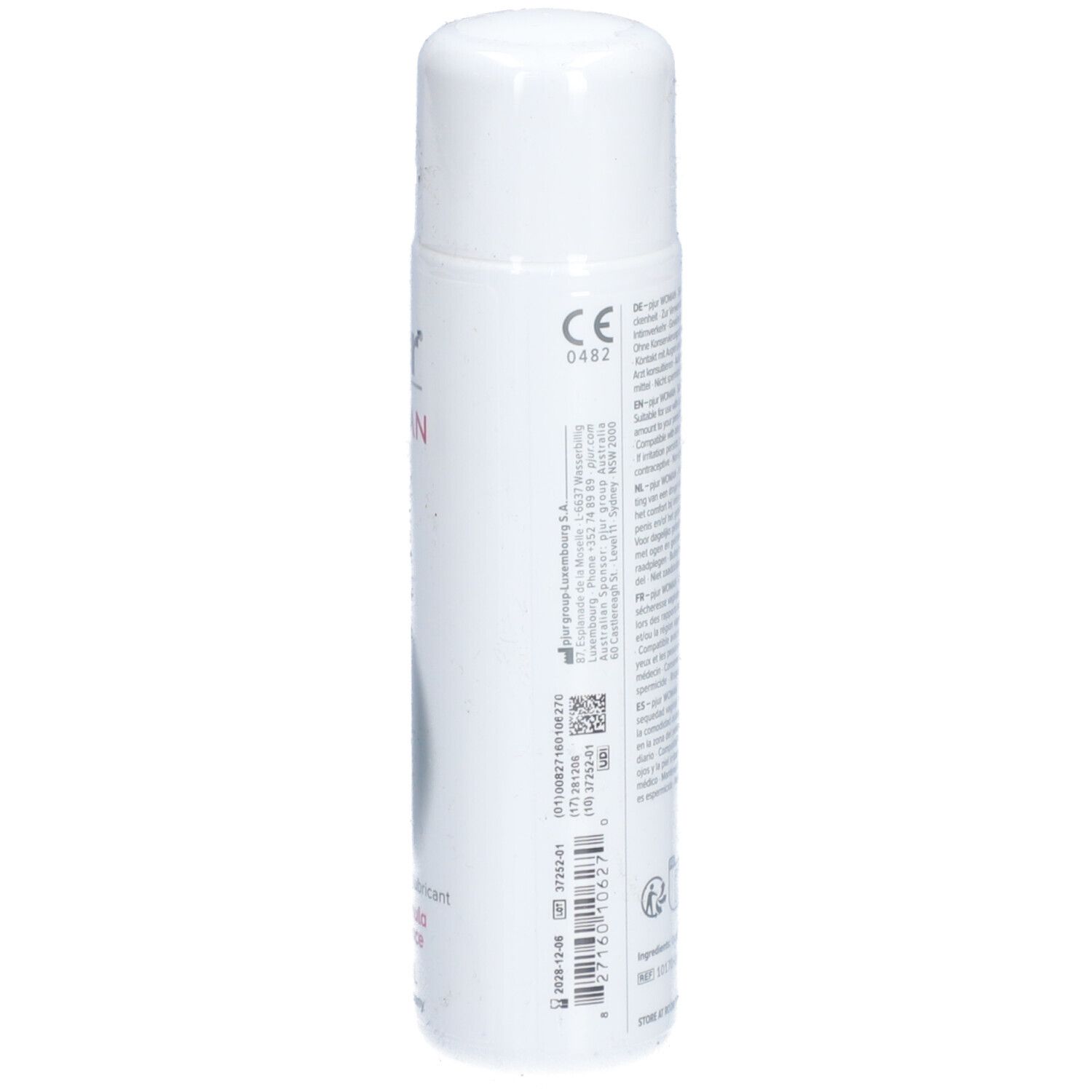 Arrière d'un flacon blanc pjur® WOMAN lubrifiant avec marquage CE et texte.