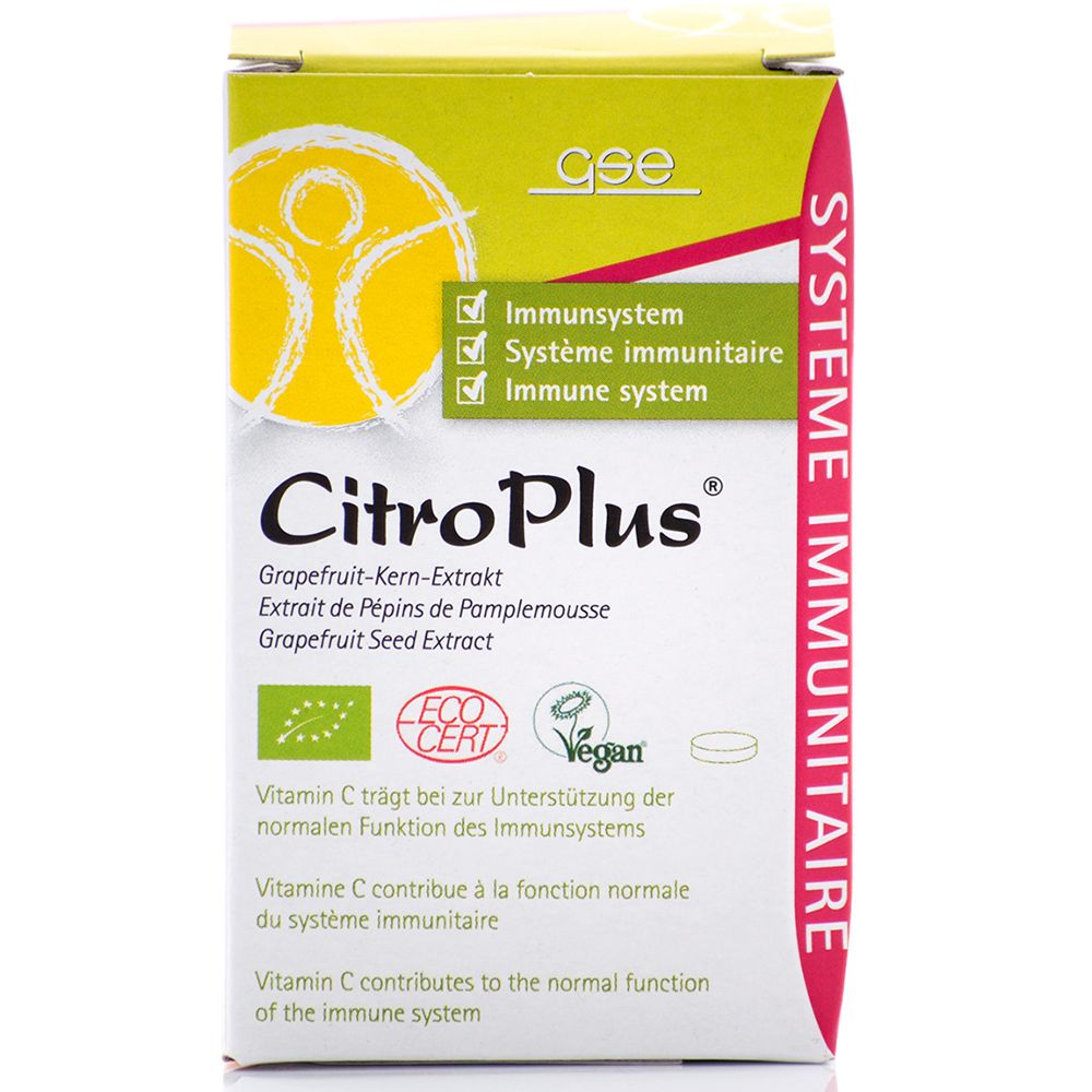 Boîte de CitroPlus®. Contient de l'extrait de pépins de pamplemousse. Certifié éco et végétalien. Texte en allemand, français et anglais.