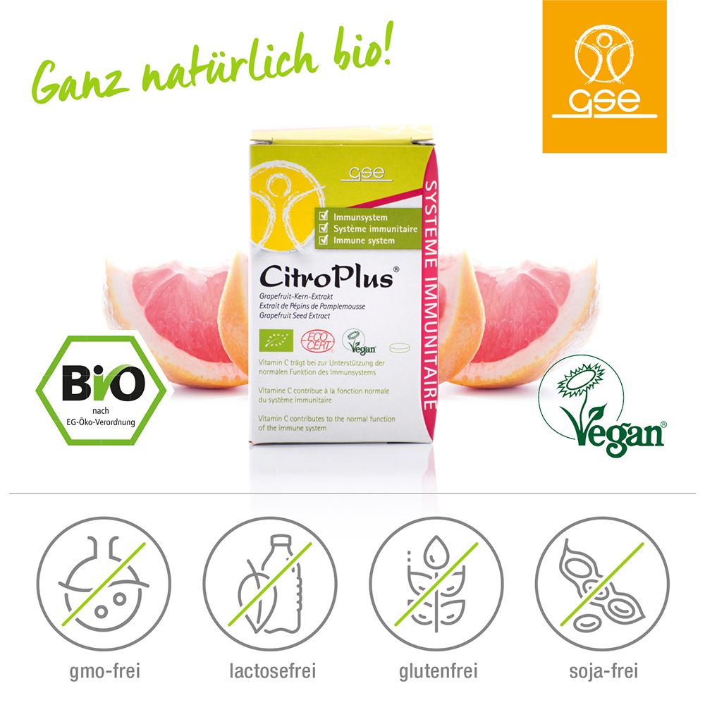 Boîte de CitroPlus® avec tranches de pamplemousse. Contient de l'extrait de pépins de pamplemousse. Avec labels bio et végétalien. Sans OGM, lactose, gluten et soja.