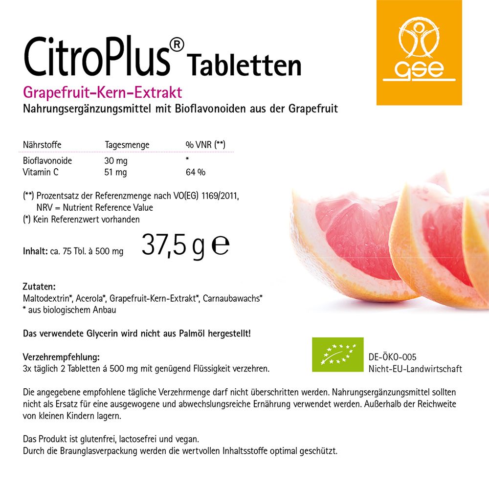 Boîte de comprimés CitroPlus®. Contient de l'extrait de pépins de pamplemousse. Avec informations nutritionnelles et liste des ingrédients. 37,5 g. Label DE-ÖKO-005.
