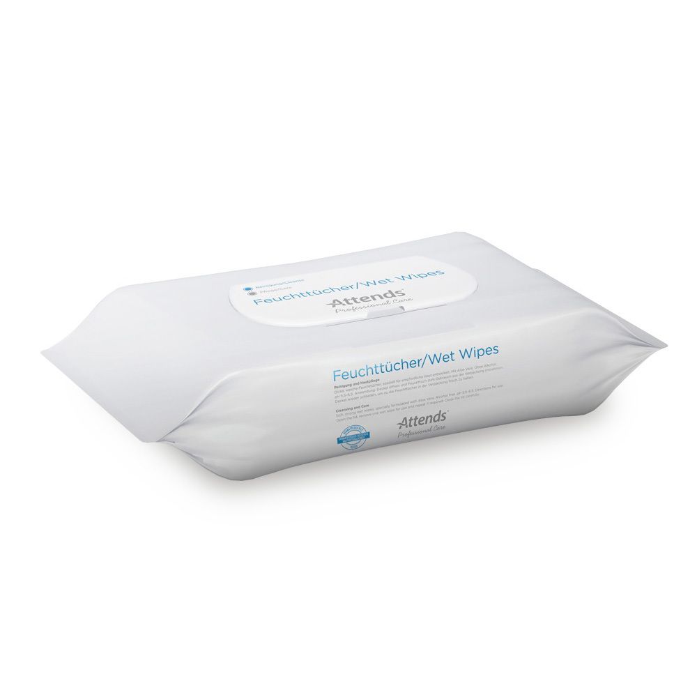 Emballage blanc souple avec texte 'Attends Professional Care'. Contient des lingettes humides.