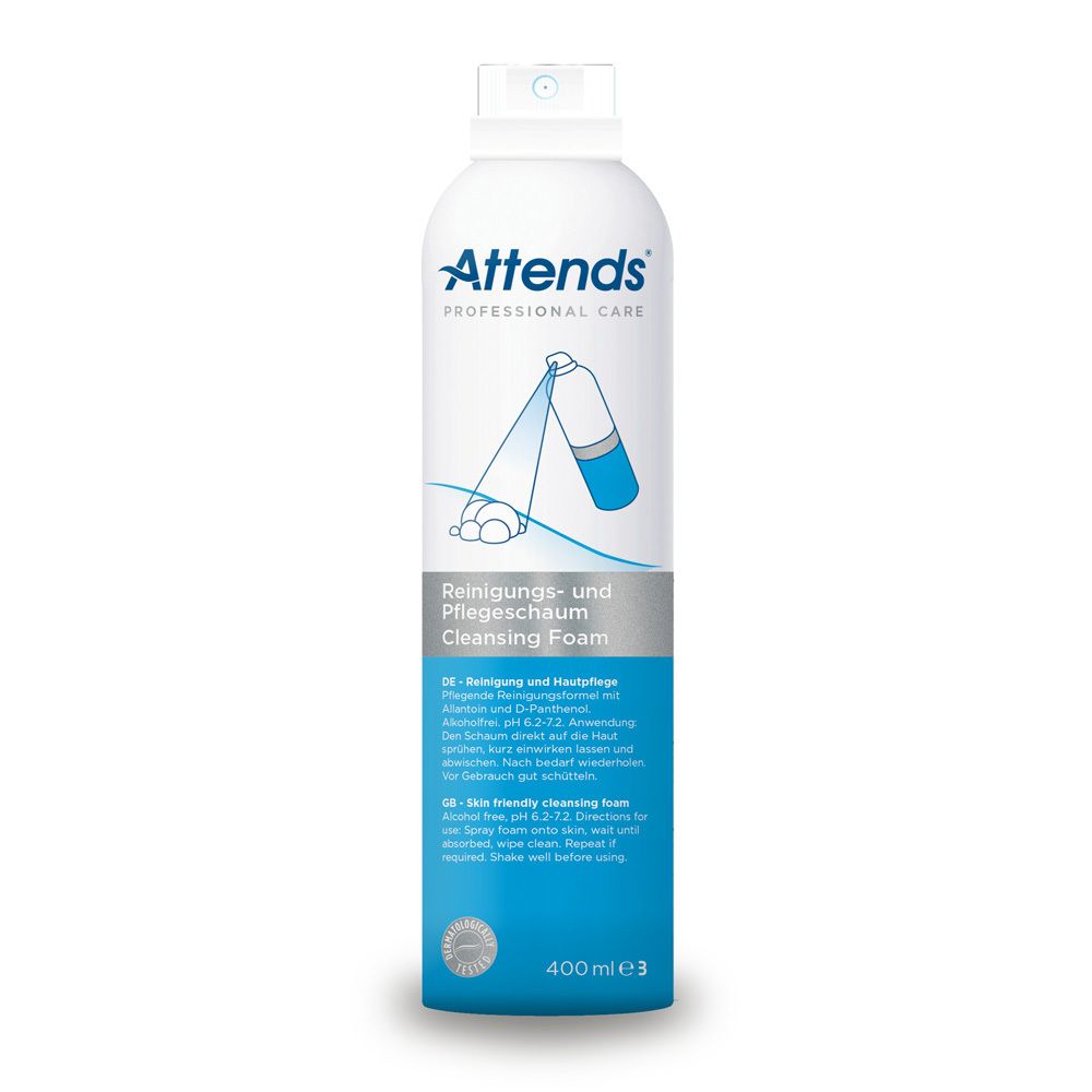 Flacon blanc Attends avec étiquette bleue. Mousse nettoyante et soin. Texte en allemand et anglais. Contenance 400ml.