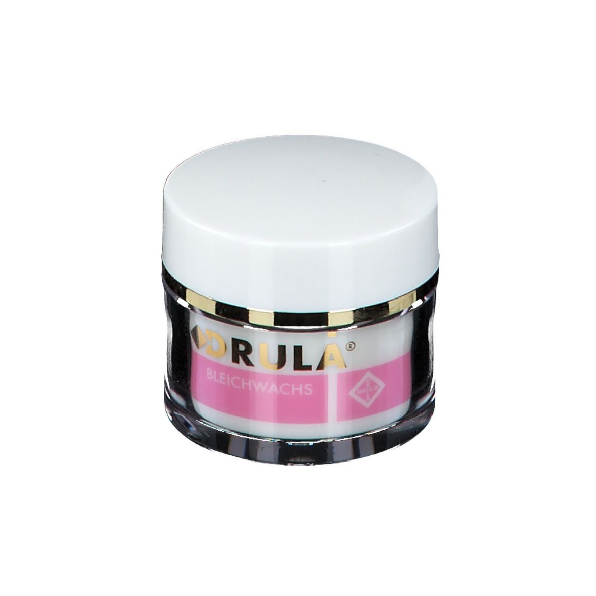 Pot rond avec couvercle blanc. Étiquette rose avec DRULA et Bleichwachs. Base en verre transparent.