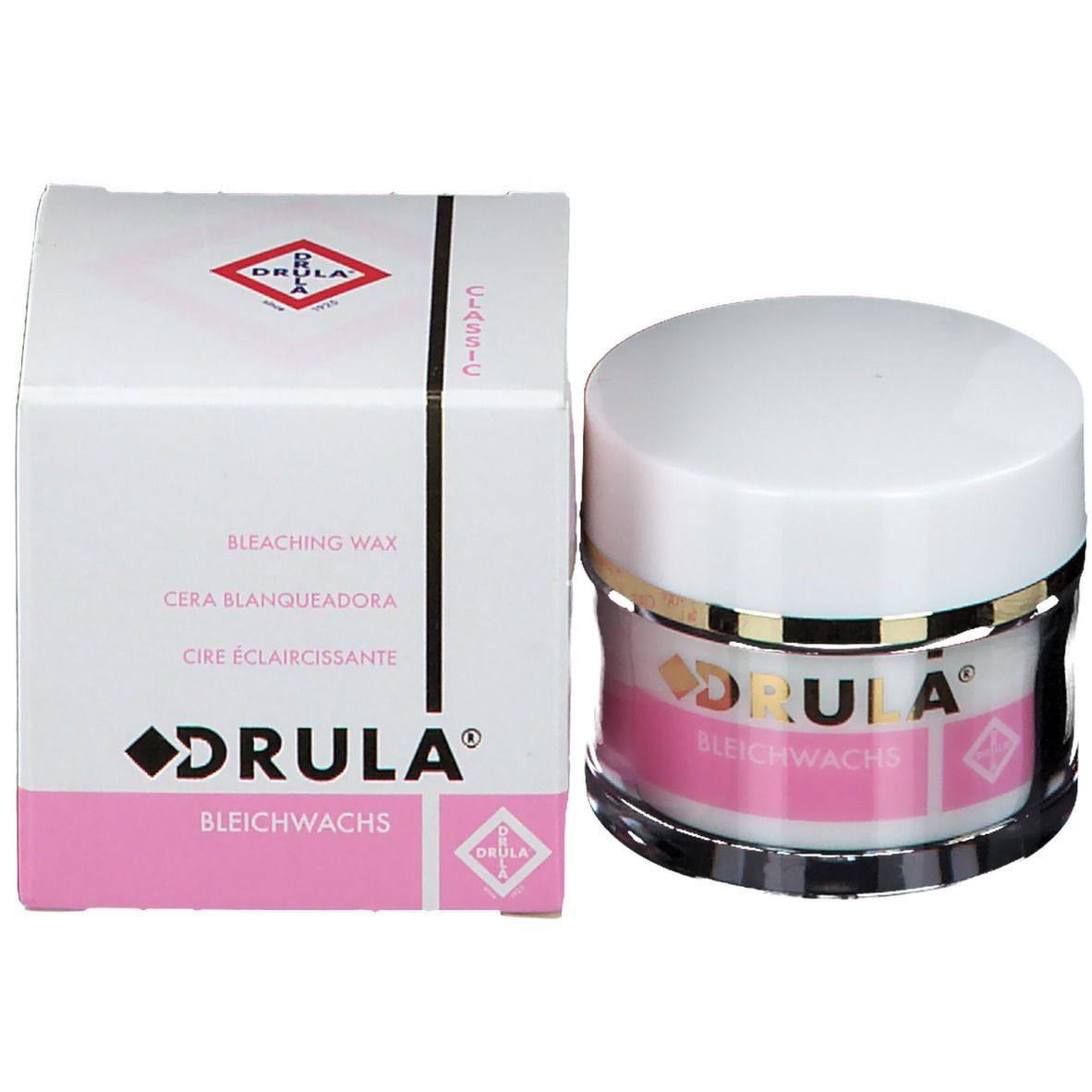 Emballage du produit : pot et boîte. Pot avec couvercle blanc, étiquette rose. Boîte blanche avec logo et texte.