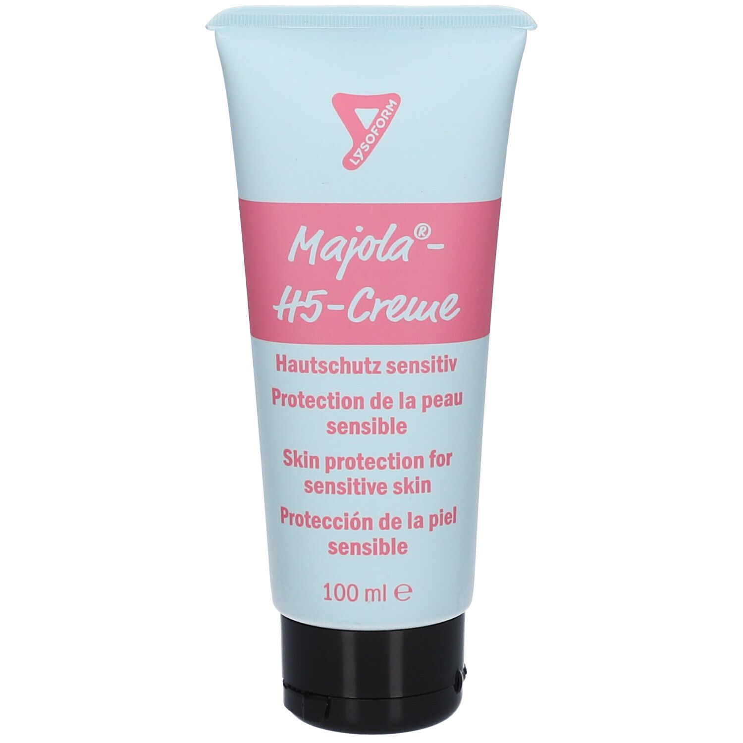 Tube de Majola® H5-Crème. Couleurs rose et bleu clair. Texte : Protection de la peau sensible. 100 ml.