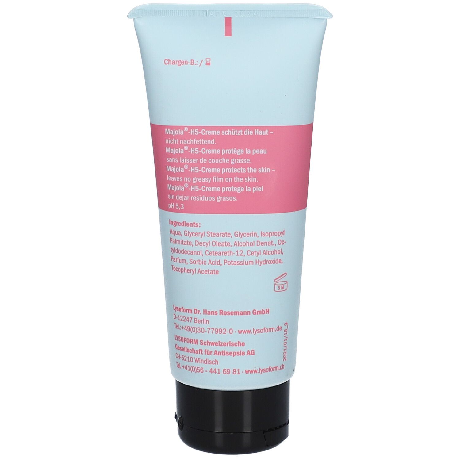 Dos du tube de Majola® H5-Crème. Couleurs rose et bleu clair. Texte : Protège la peau - sans laisser de couche grasse.