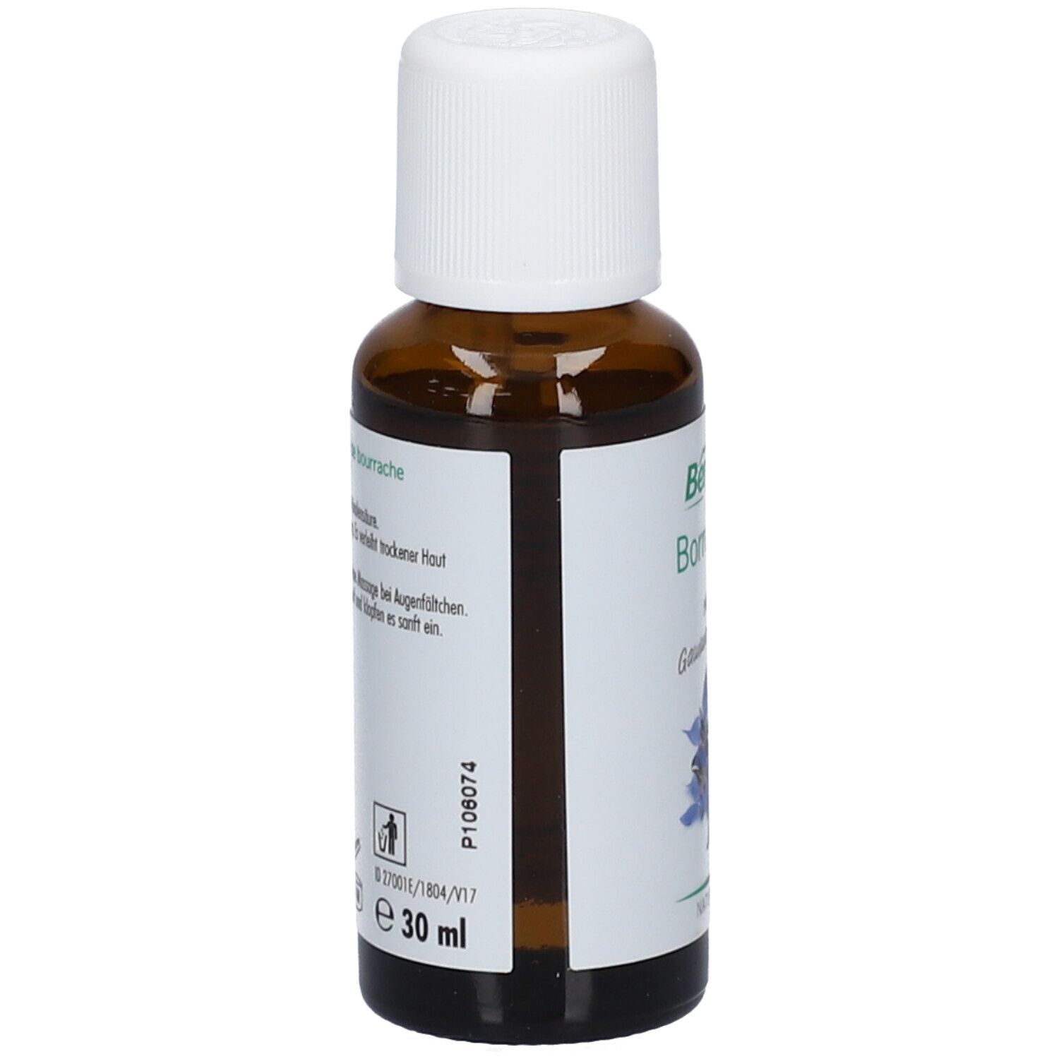 Flacon en verre brun avec bouchon blanc. Étiquette avec informations produit et indication de volume : 30 ml.