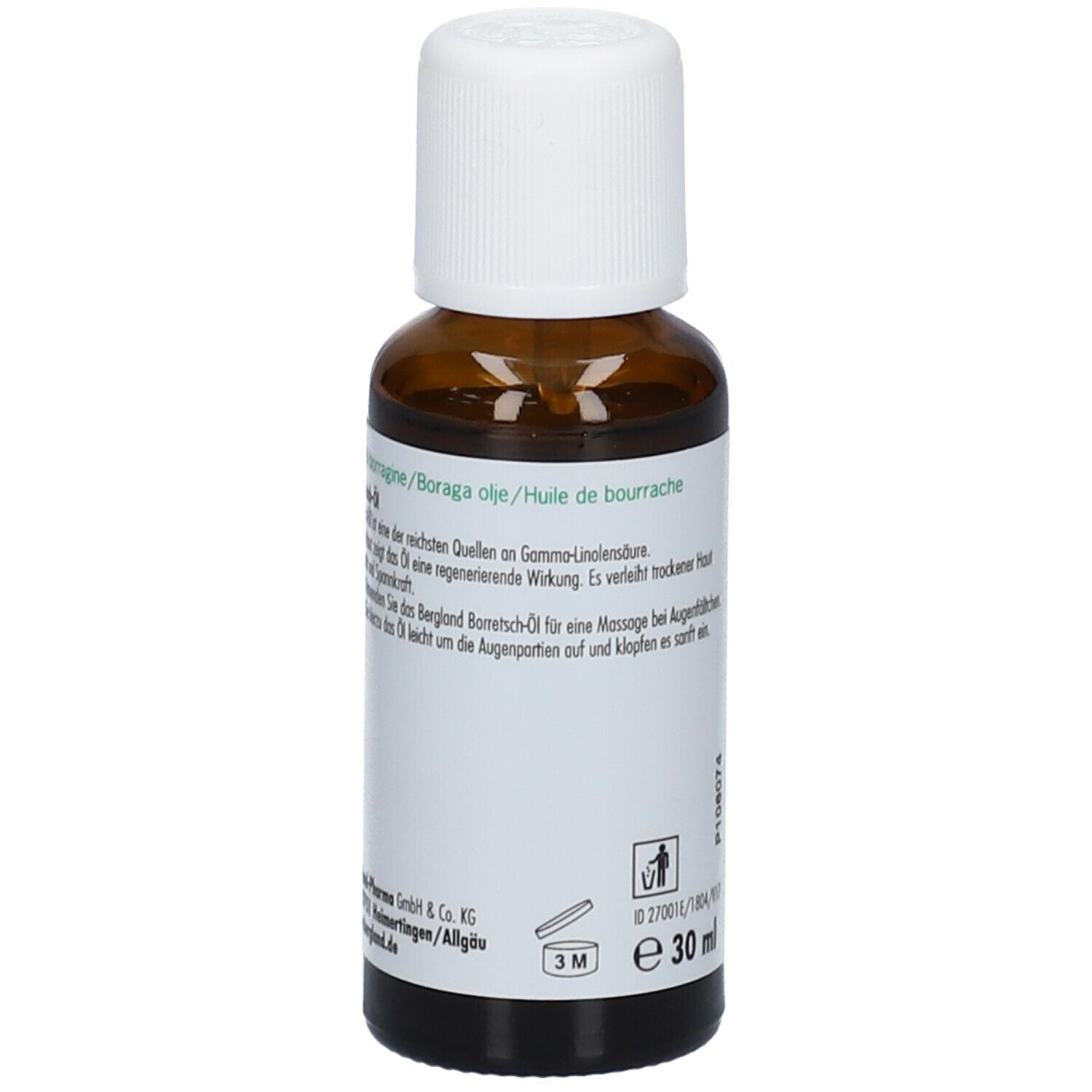 Flacon en verre brun avec bouchon blanc. Étiquette avec nom du produit, ingrédients et indication de volume : 30 ml.