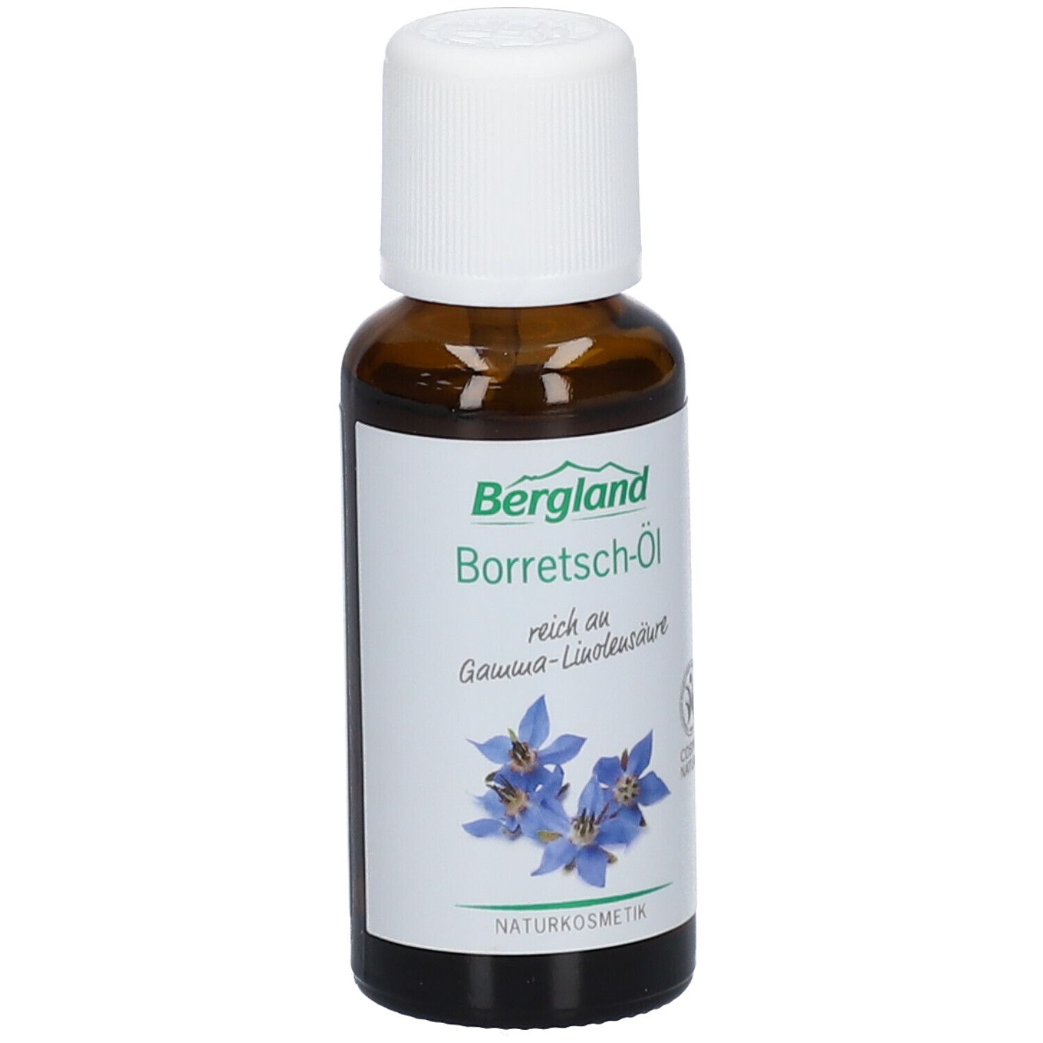 Flacon en verre brun avec bouchon blanc. Étiquette avec nom du produit, illustration florale et logo cosmétique naturel.