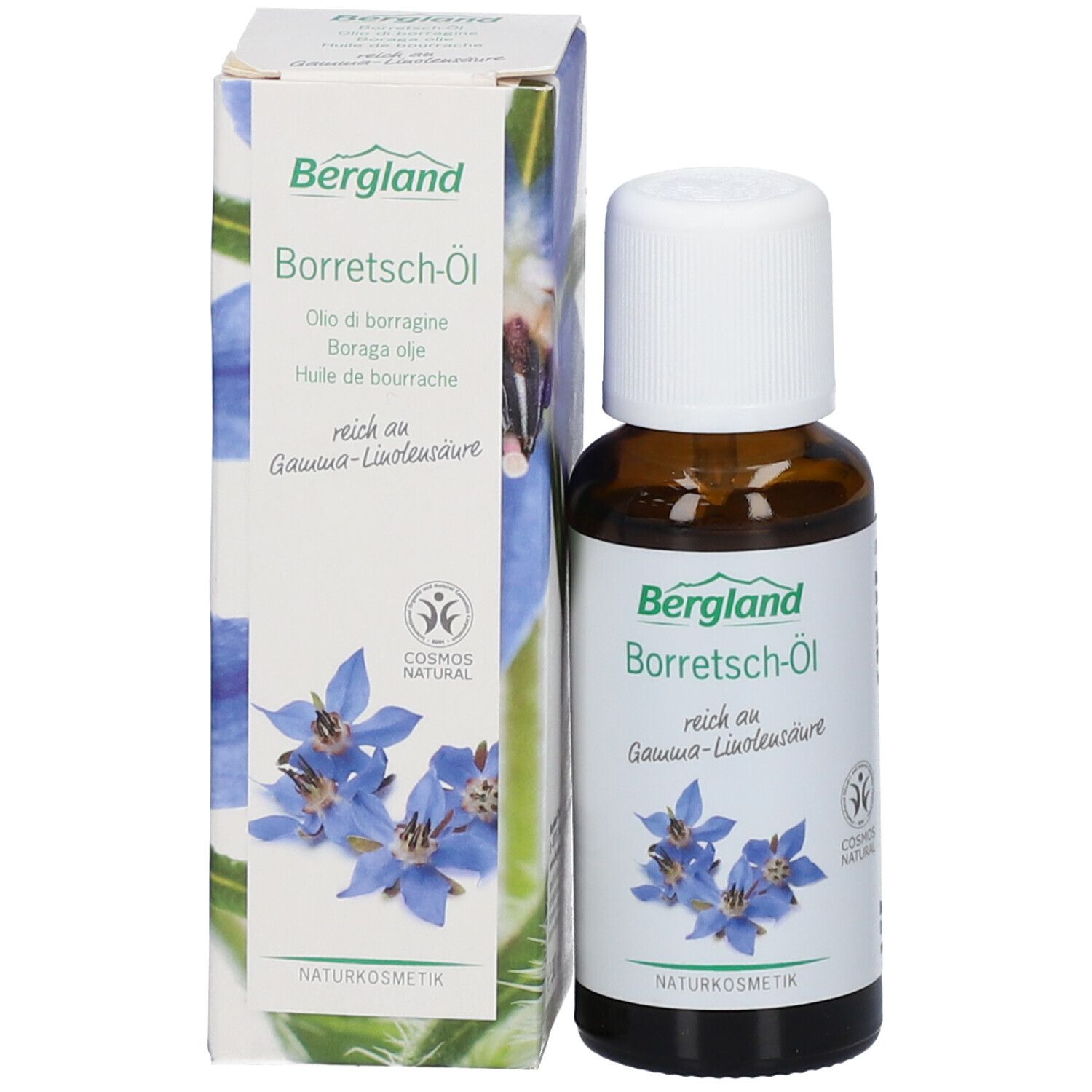Flacon de produit avec emballage en carton. Flacon avec bouchon blanc, étiquette avec nom du produit et illustration florale.