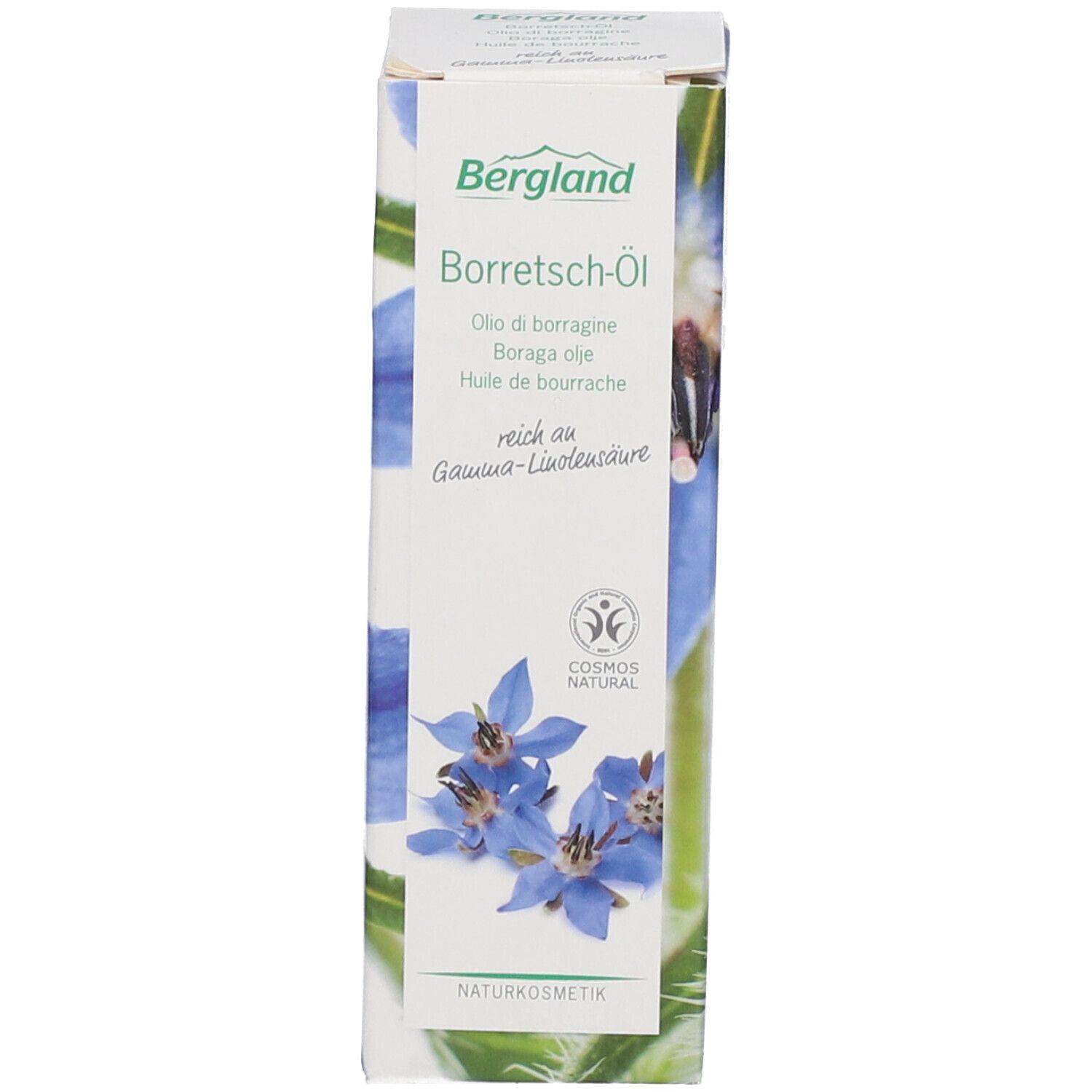 Emballage en carton avec nom du produit, illustration florale et logo cosmétique naturel. Texte en allemand, italien, français.