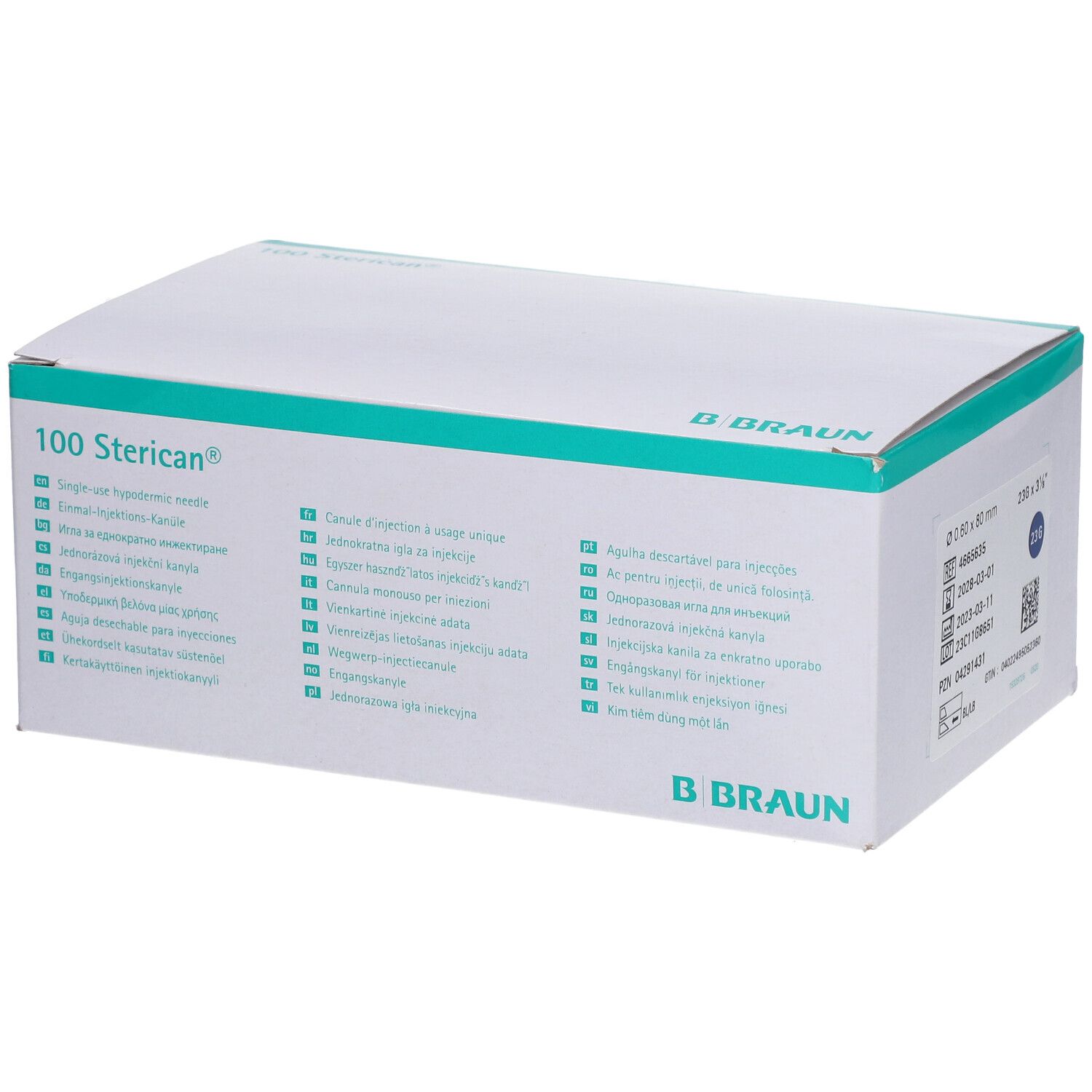 Boîte de 100 aiguilles Sterican®. Inscription B. Braun. Informations produit multilingues.