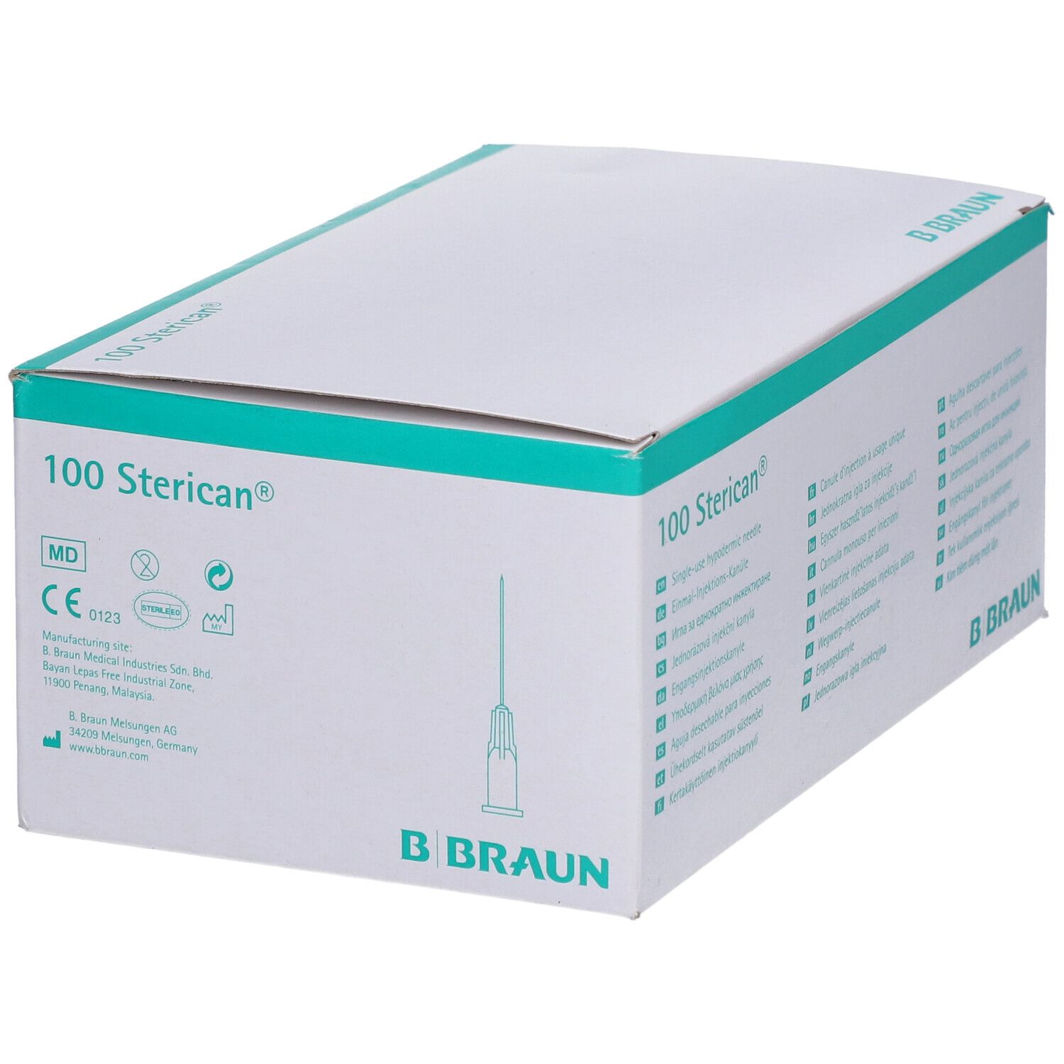 Boîte de 100 aiguilles Sterican®. Inscription B. Braun. Marques médicales et illustration d'aiguille.