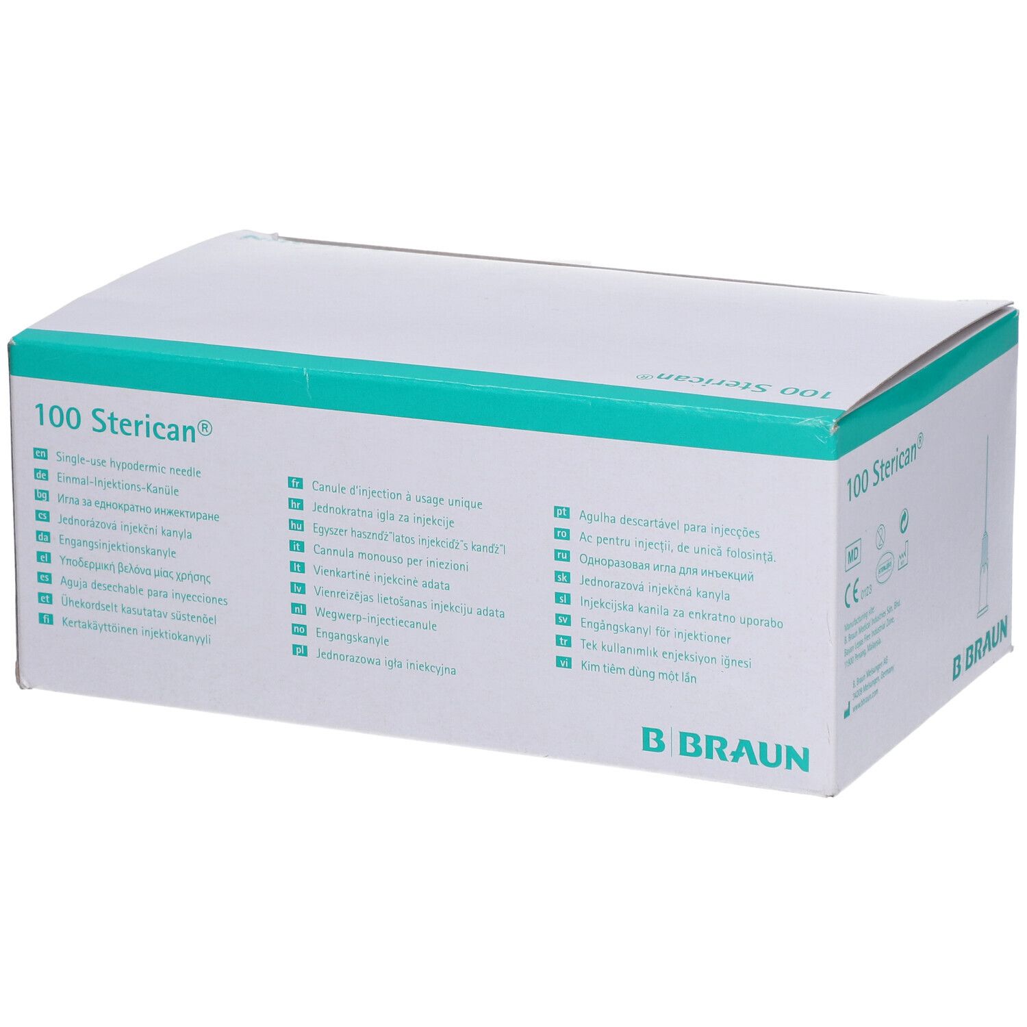 Boîte de 100 aiguilles Sterican®. Inscription B. Braun. Informations produit multilingues.