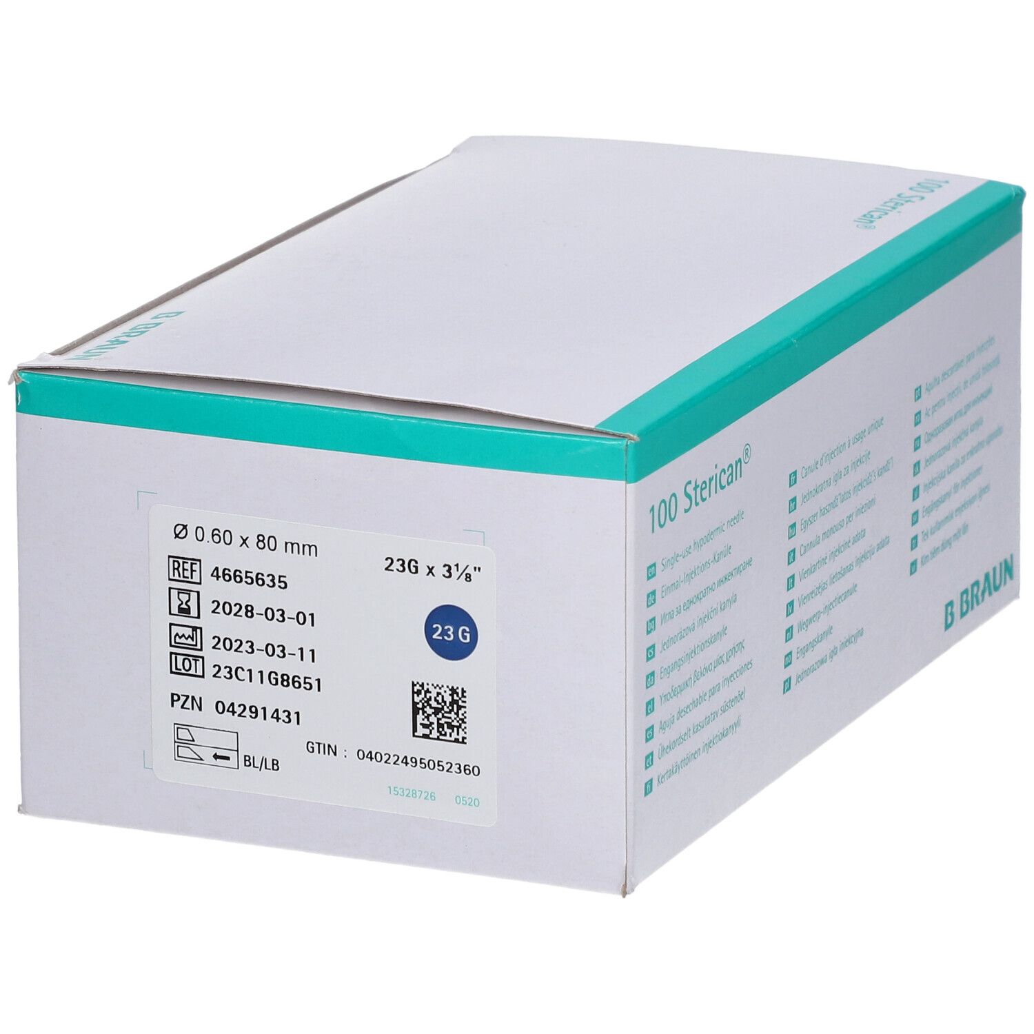Boîte de 100 aiguilles Sterican®. Inscription B. Braun. Détails produit: 23G x 3 1/8 pouces, 0,60 x 80 mm.