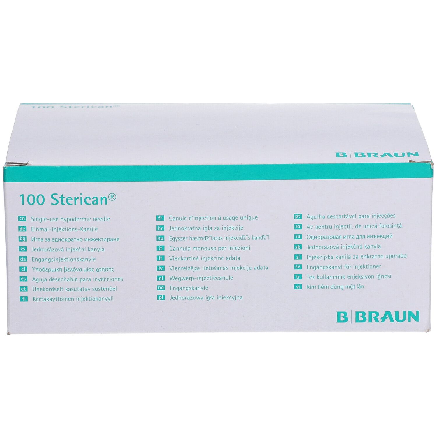 Boîte de 100 aiguilles Sterican®. Inscription B. Braun. Informations produit multilingues.