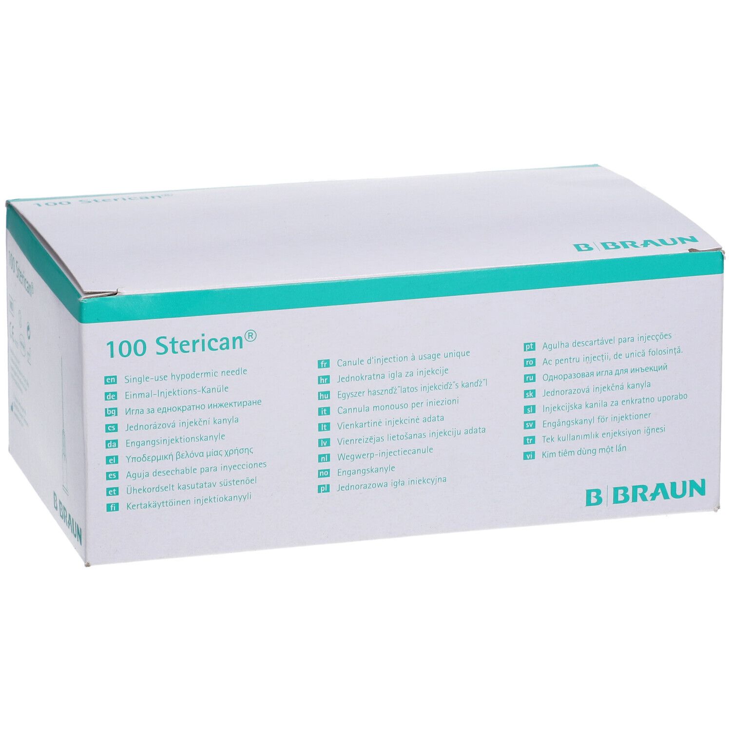 Boîte de 100 aiguilles Sterican®. Inscription B. Braun. Informations produit multilingues.