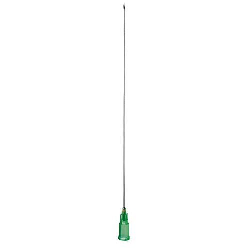 Aiguille avec embase verte. Métal, pointue. Longueur: 120 mm. Diamètre: 0,80 mm. B. Braun.