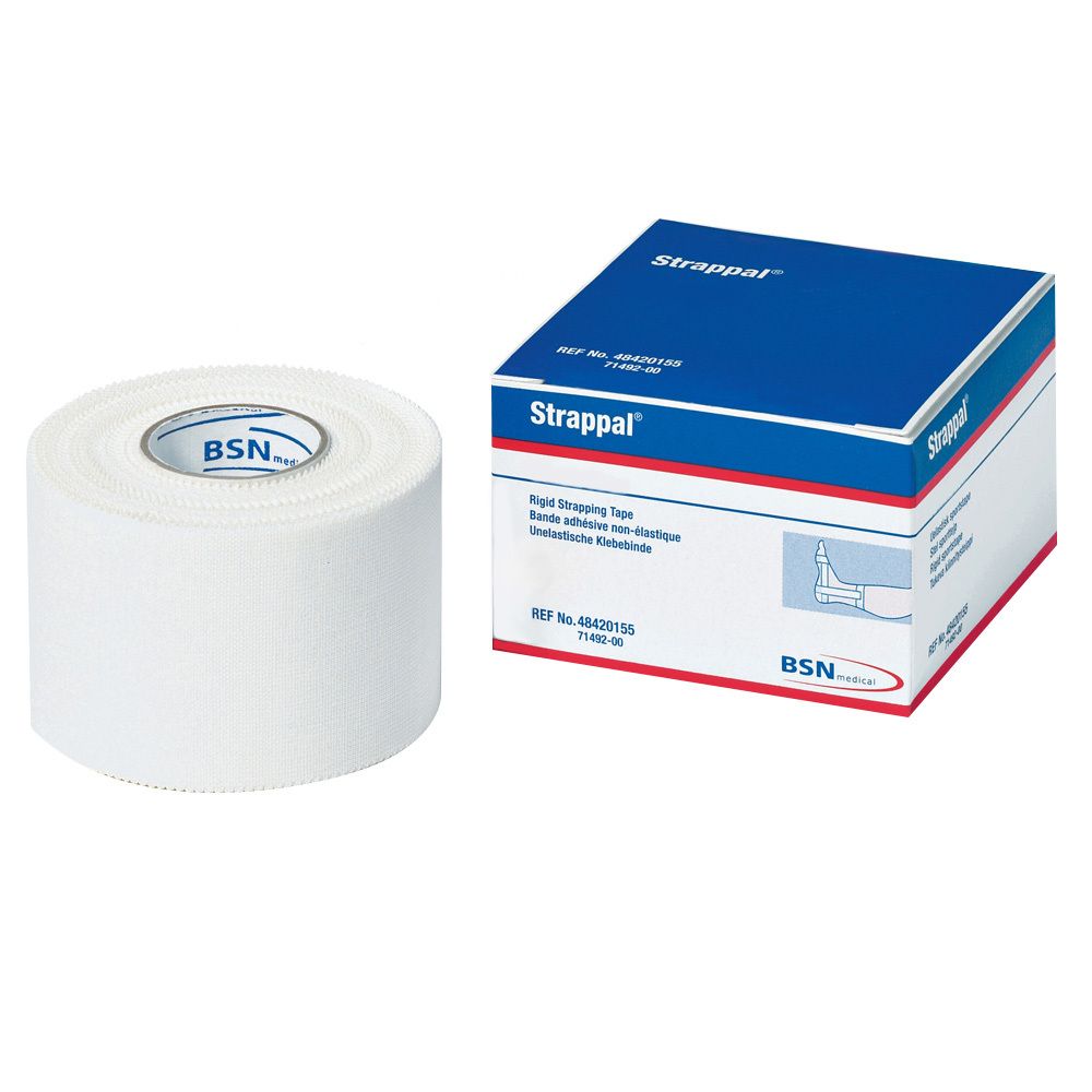 Rouleau blanc et emballage Strappal®. L'emballage indique "Rapid Strapping Tape".