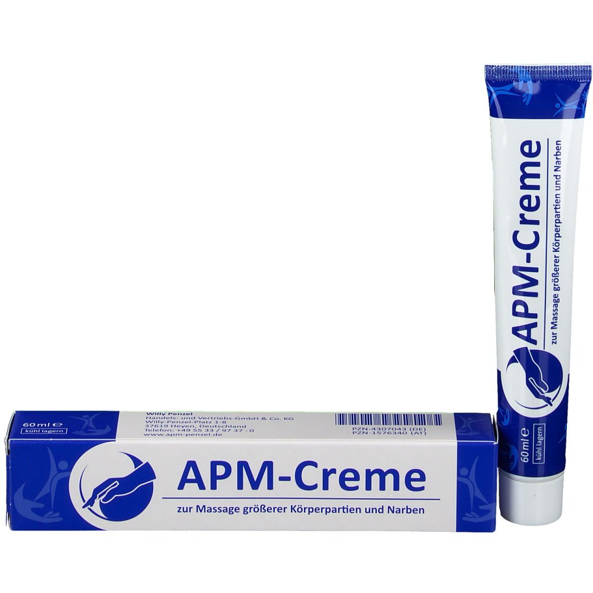 Emballage du produit avec tube et boîte. Tube : blanc avec bouchon bleu. Boîte : bleu avec texte et logo blancs.
