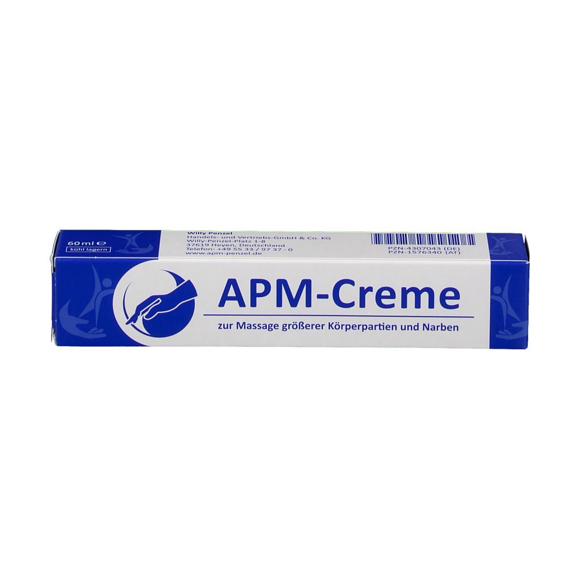 Boîte bleue avec texte et logo blancs. Inscription APM-Creme. Texte pour le massage des grandes parties du corps et des cicatrices.