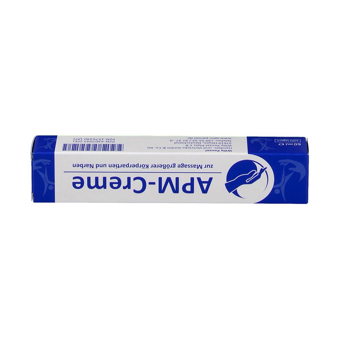Boîte, bleue avec texte et logo blancs. Inscription APM-Creme. Texte pour le massage des grandes parties du corps et des cicatrices.
