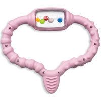 Anneau de dentition rose avec brosse à dents de massage. Contient des billes colorées dans une section transparente. En forme de cœur.