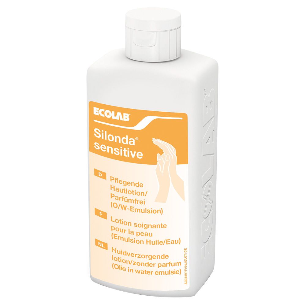 Flacon blanc Silonda® sensitive. Étiquette orange avec nom du produit, symbole de mains et texte en allemand, français et néerlandais.