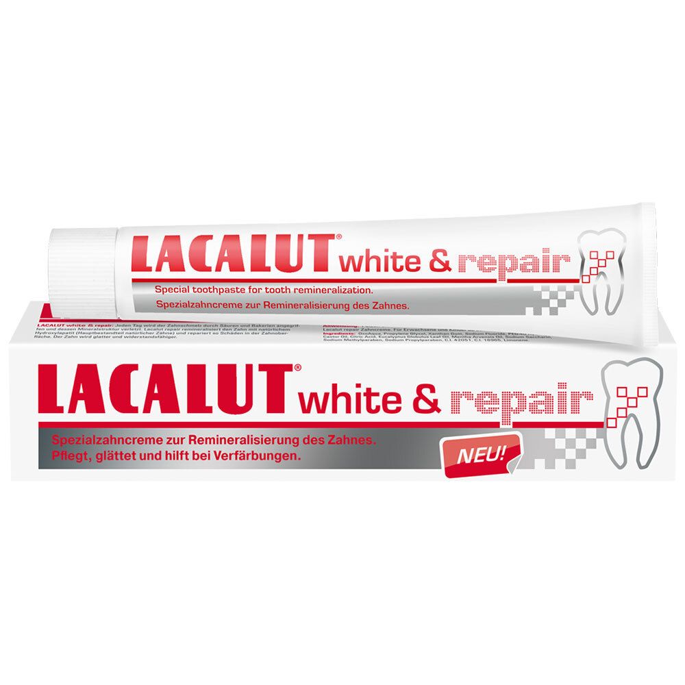 Tube et emballage de dentifrice. Inscription : LACALUT white & repair. Fond blanc. Texte rouge.