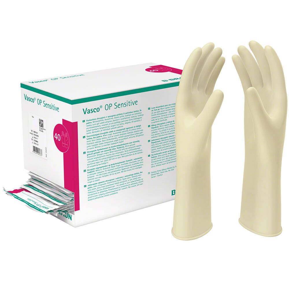 Boîte de gants chirurgicaux Vasco® OP Sensitive, taille 6, et deux gants. Gants beiges, boîte blanche avec texte vert et rose.