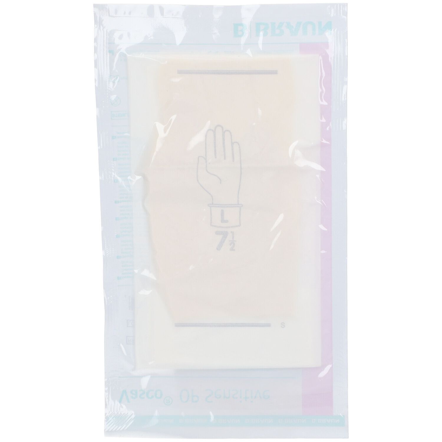 Gant chirurgical dans un emballage plastique. Symbole de main avec taille 7,5. Matériau transparent.