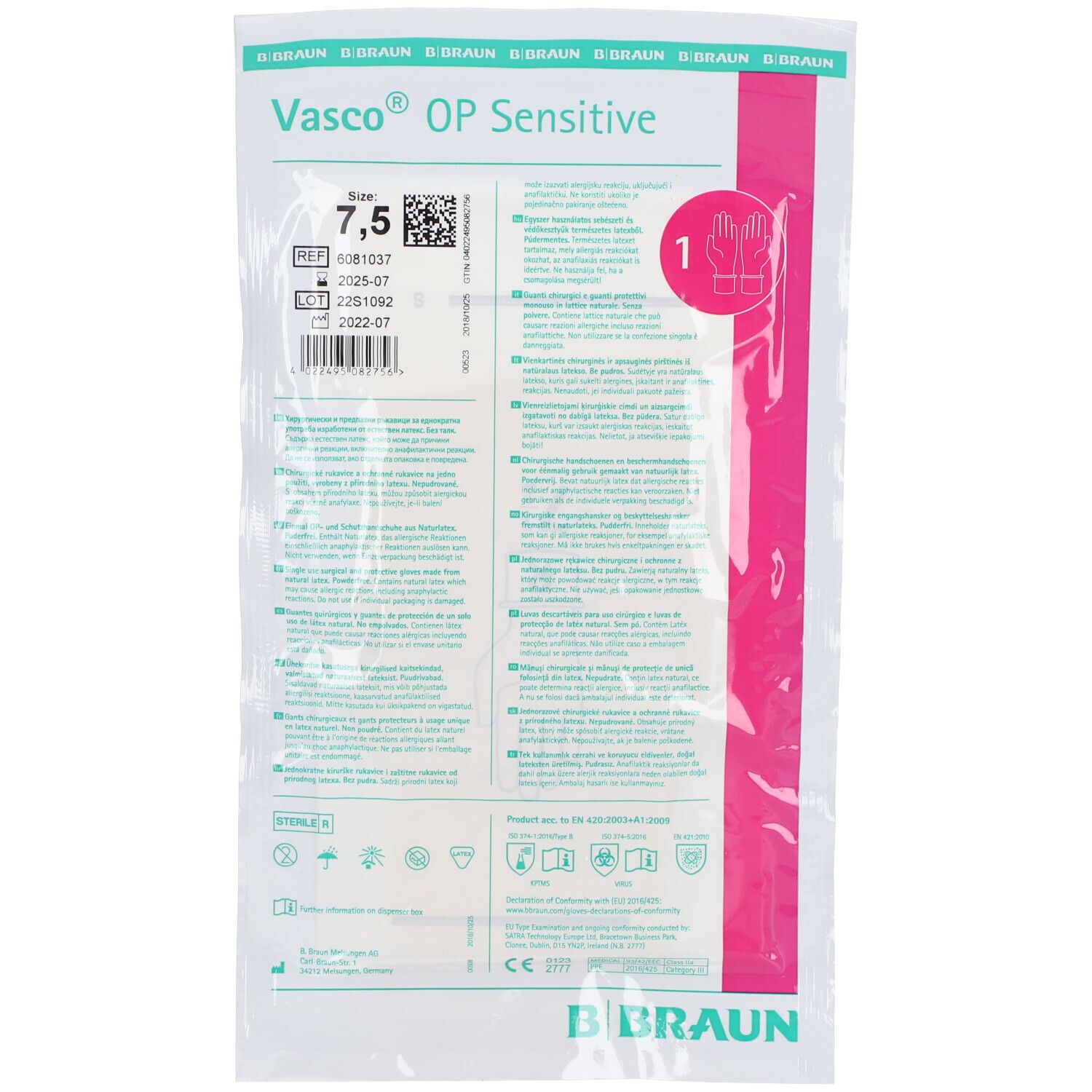 Emballage de Vasco® OP Sensitive, taille 7,5. Nom du produit, taille, numéro de lot et date de péremption.