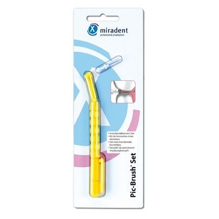 Set Pic-Brush gel x-fin transparent. Emballage blister. Logo Miradent et nom du produit visibles.