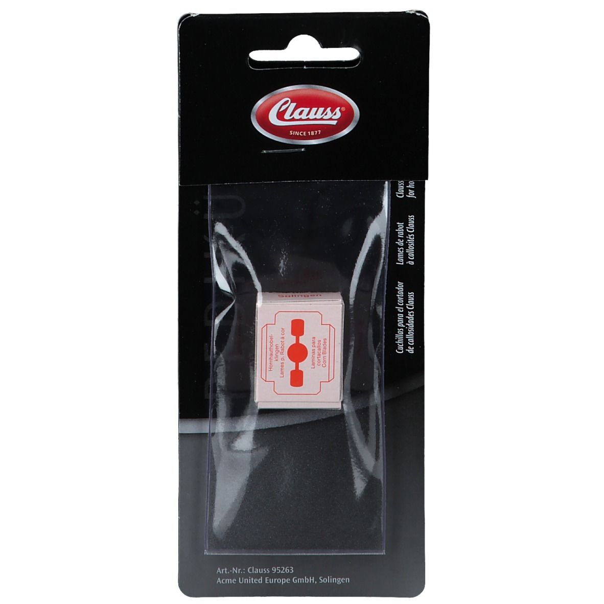 Emballage de lames de rechange. Carte rouge avec symboles dans un emballage plastique. Carte noire avec logo Clauss.