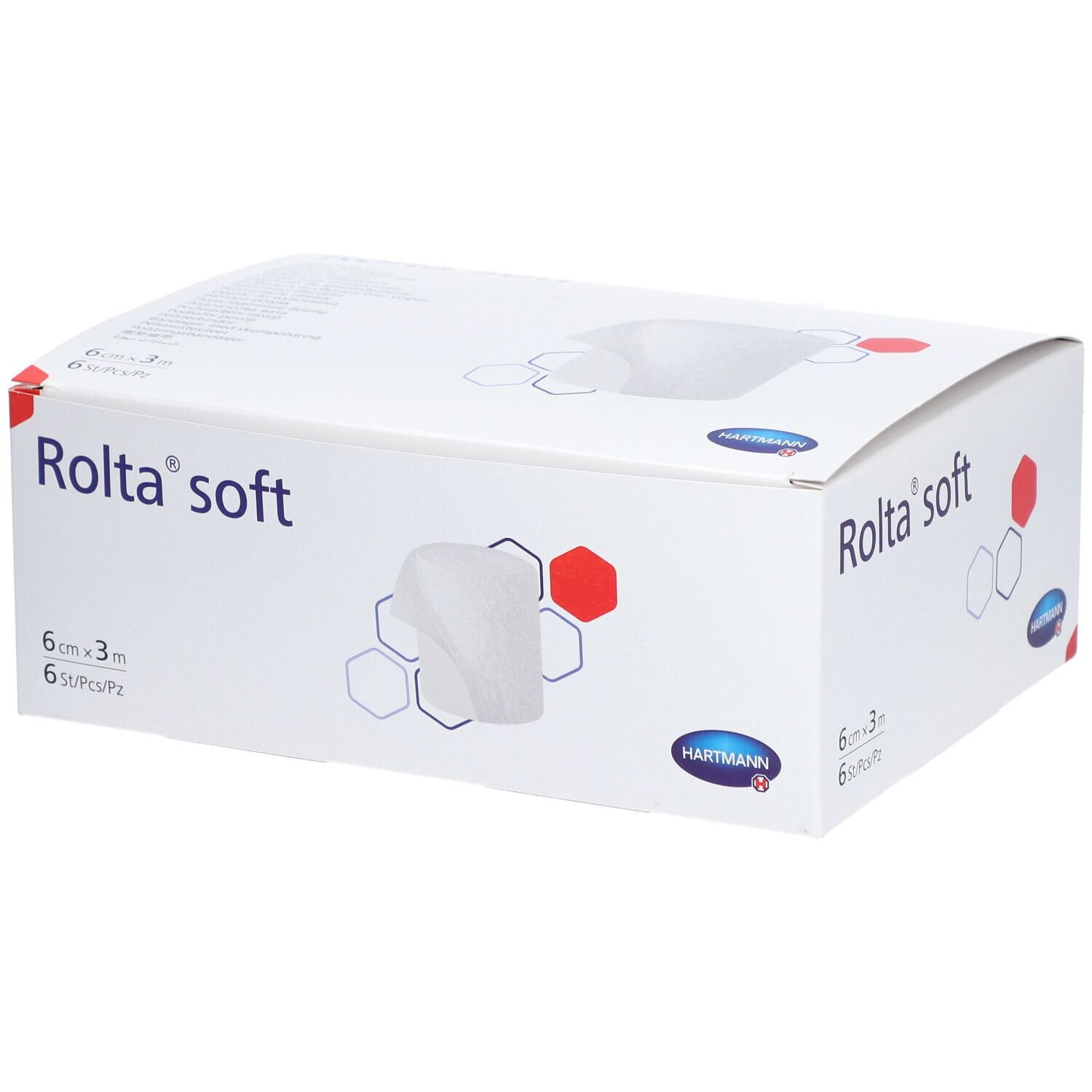 Boîte blanche avec nom du produit Rolta soft et logo Hartmann. Contient 6 pièces. Taille : 6 cm x 3 m. Illustration d'un bandage.