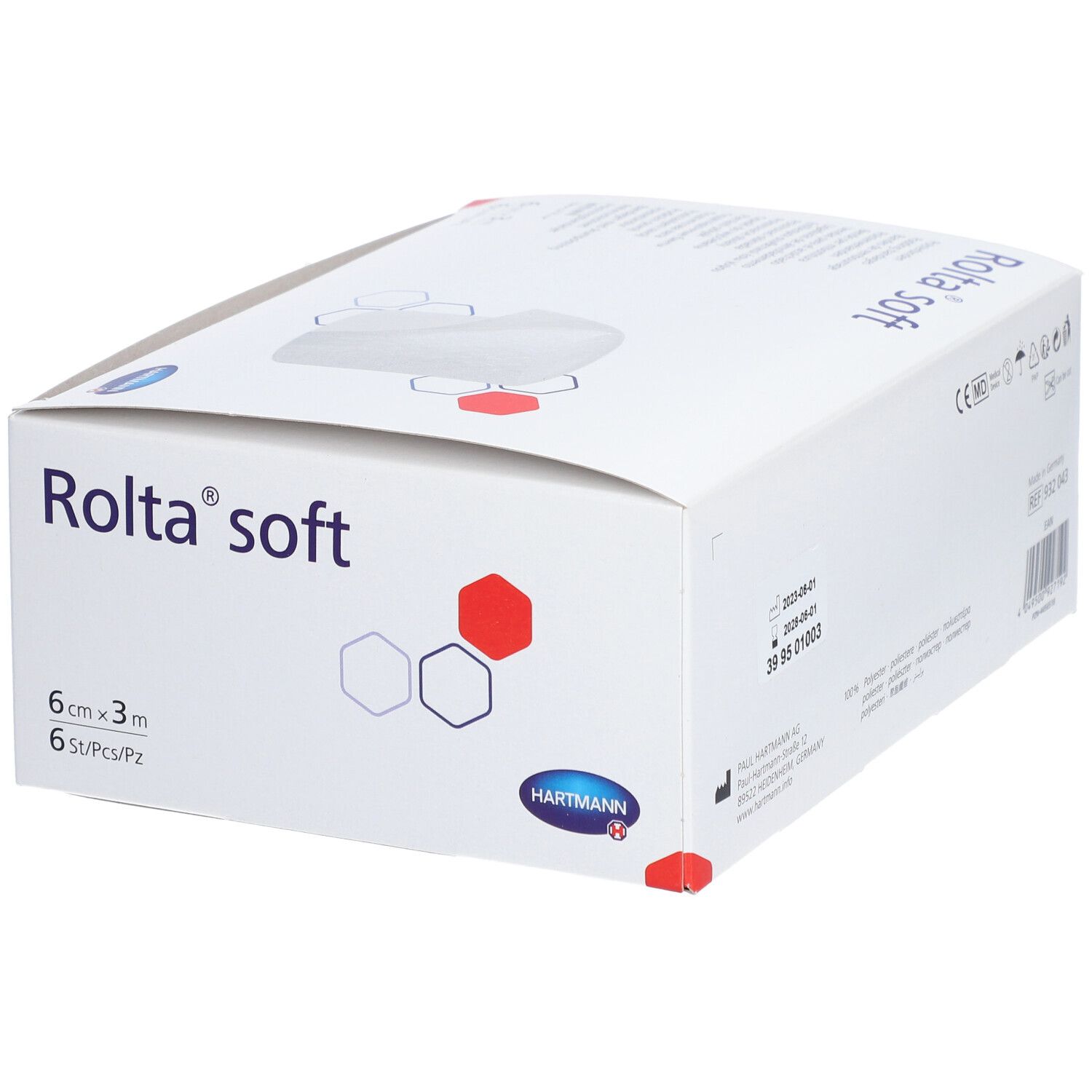 Boîte blanche avec nom du produit Rolta soft et logo Hartmann. Contient 6 pièces. Taille : 6 cm x 3 m. Vue de l'emballage.