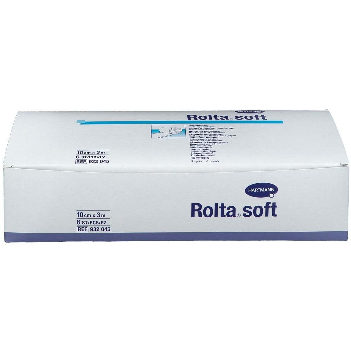 Emballage blanc "Rolta-soft". Logo Hartmann. Dimensions et quantité indiquées. Détails bleus.