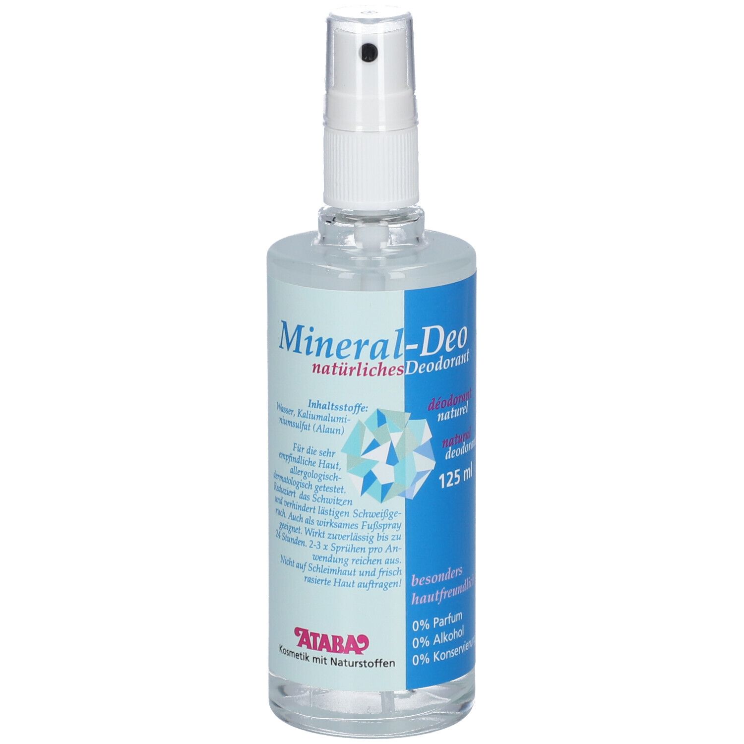Flacon spray transparent avec tête de pulvérisation blanche. Autocollant avec informations sur le produit. Mineral-Deo, 125 ml, ATABA.