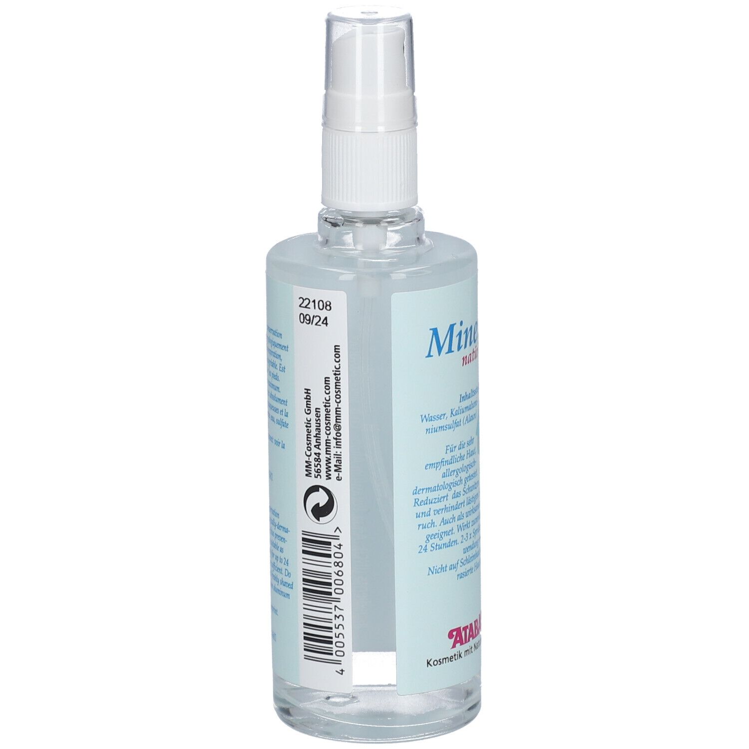 Dos d'un flacon pulvérisateur transparent. Étiquette avec informations sur le produit et code-barres. ATABA-Mineral-Deo.