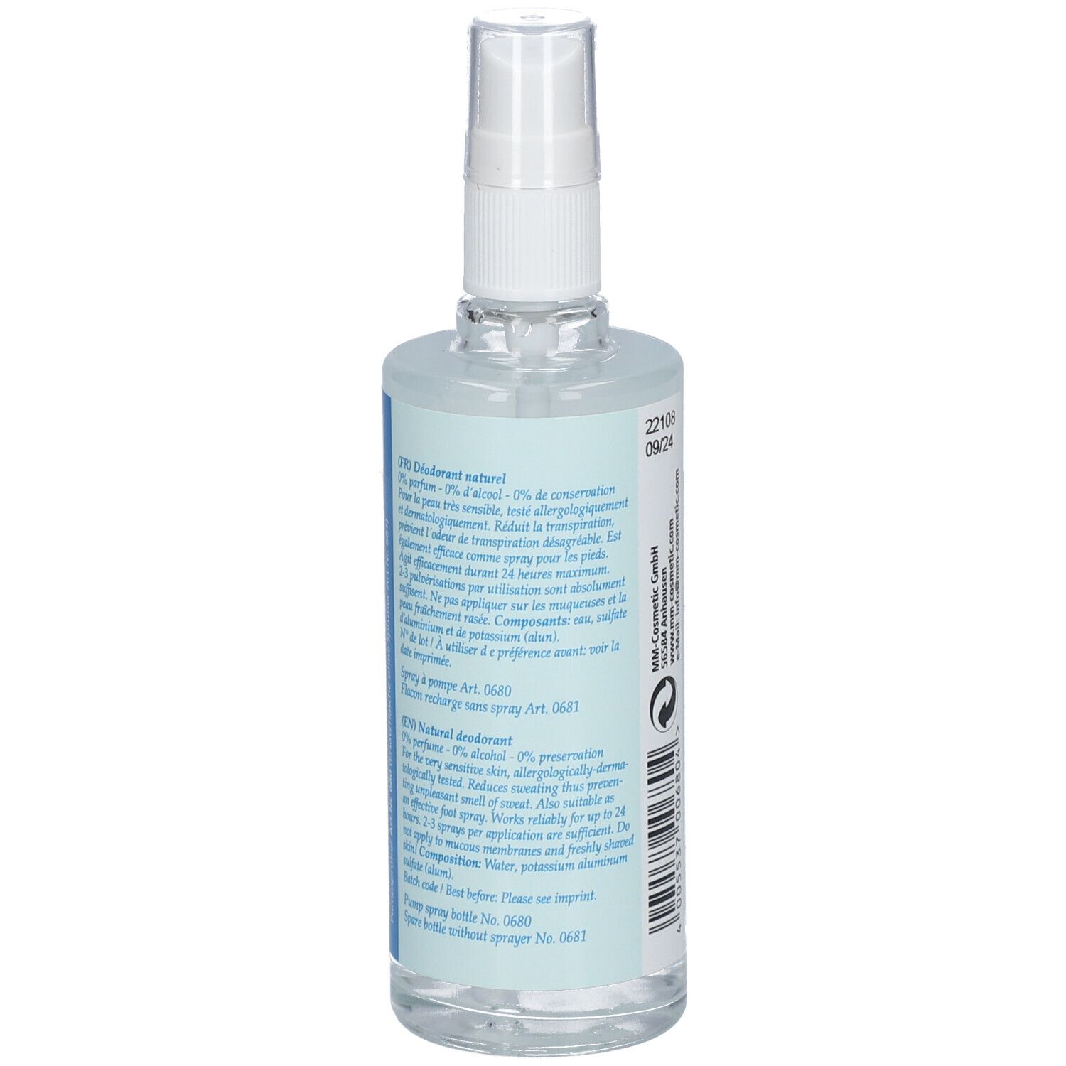 Dos d'un flacon pulvérisateur transparent. Étiquette avec informations sur le produit en plusieurs langues. ATABA-Mineral-Deo.